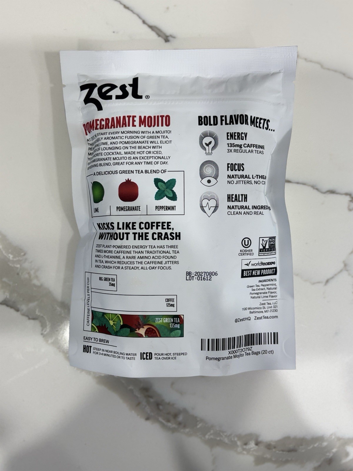 135mg Caffeine Energy Leaf Blend – Pomegranate Mojito Green Tea – 20 Pack