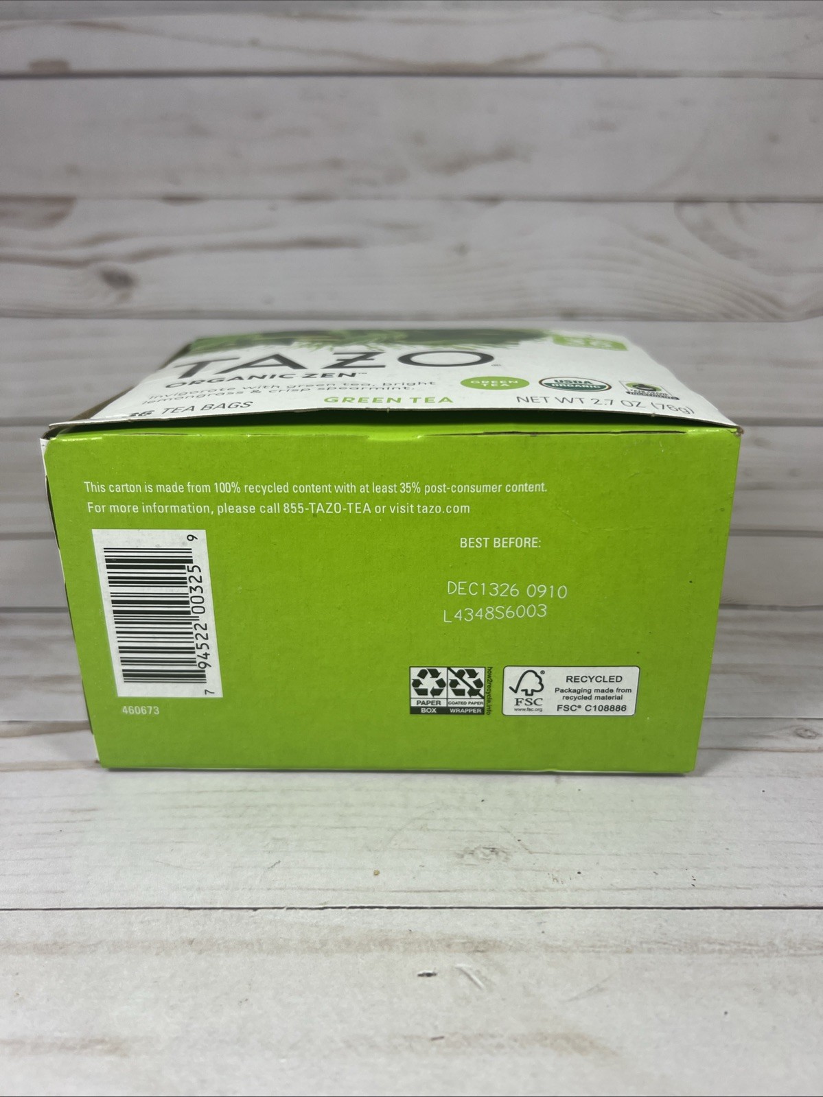 Tazo Organic ZEN Green Tea 36 Bags Lemongrass Spearmint 12/2026