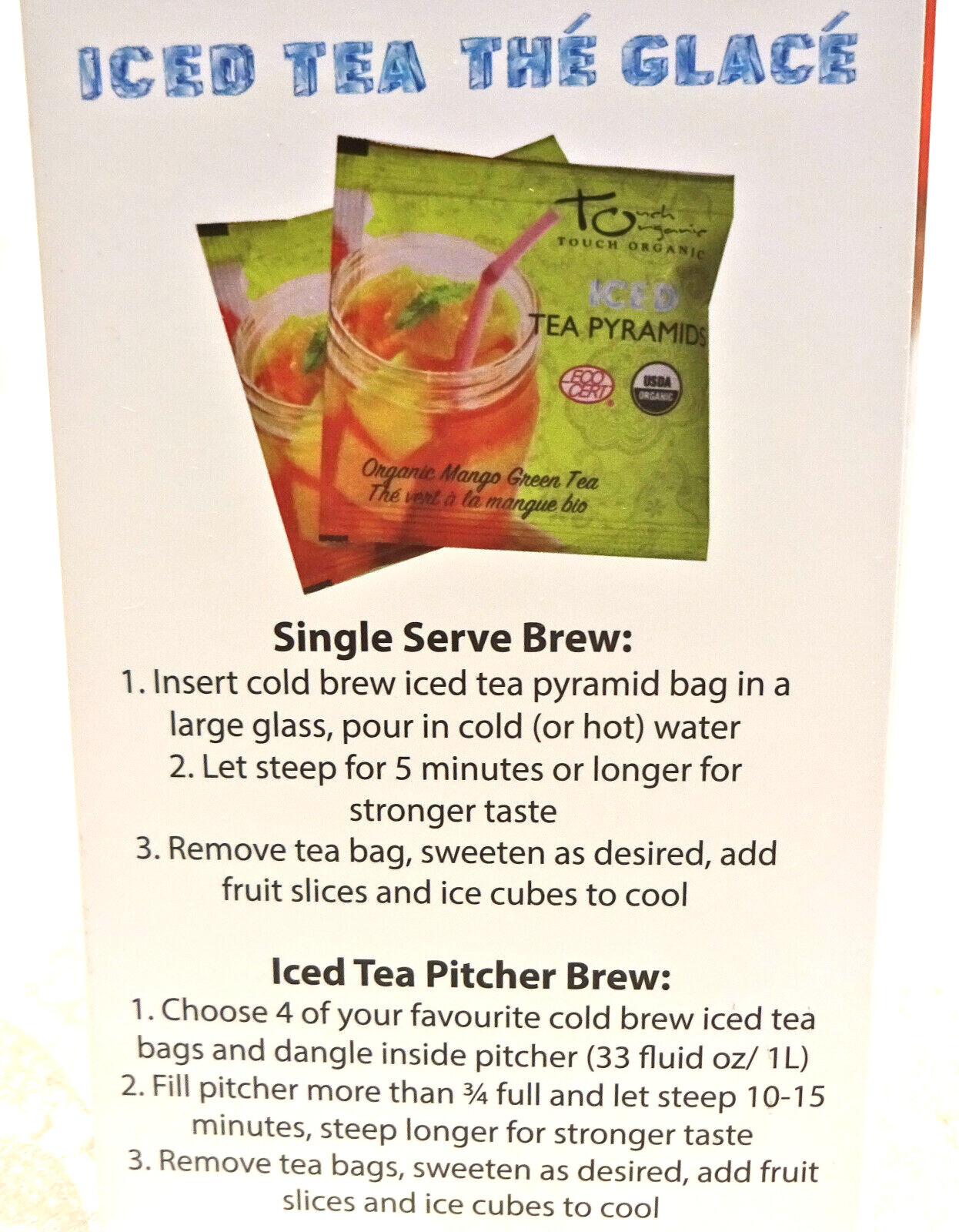 ICED TEA Cold Brew MANGO GREEN Tea w/ Matcha 30 Bags 2.12 oz by Touch Organic