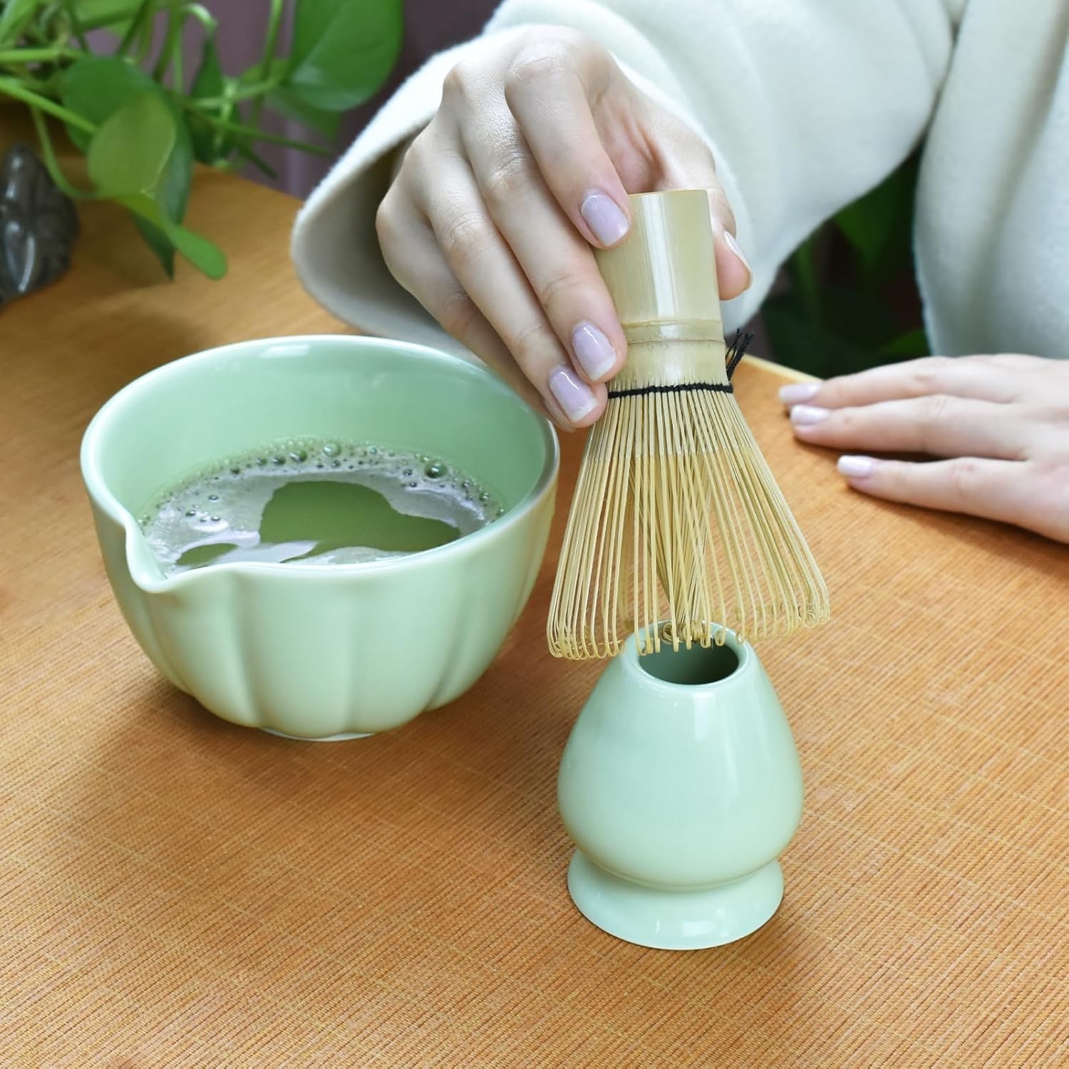 4PCS Matcha Tea Set Bowl Whisk Scoop Holder Japanese Tea Ceremony Kit Green