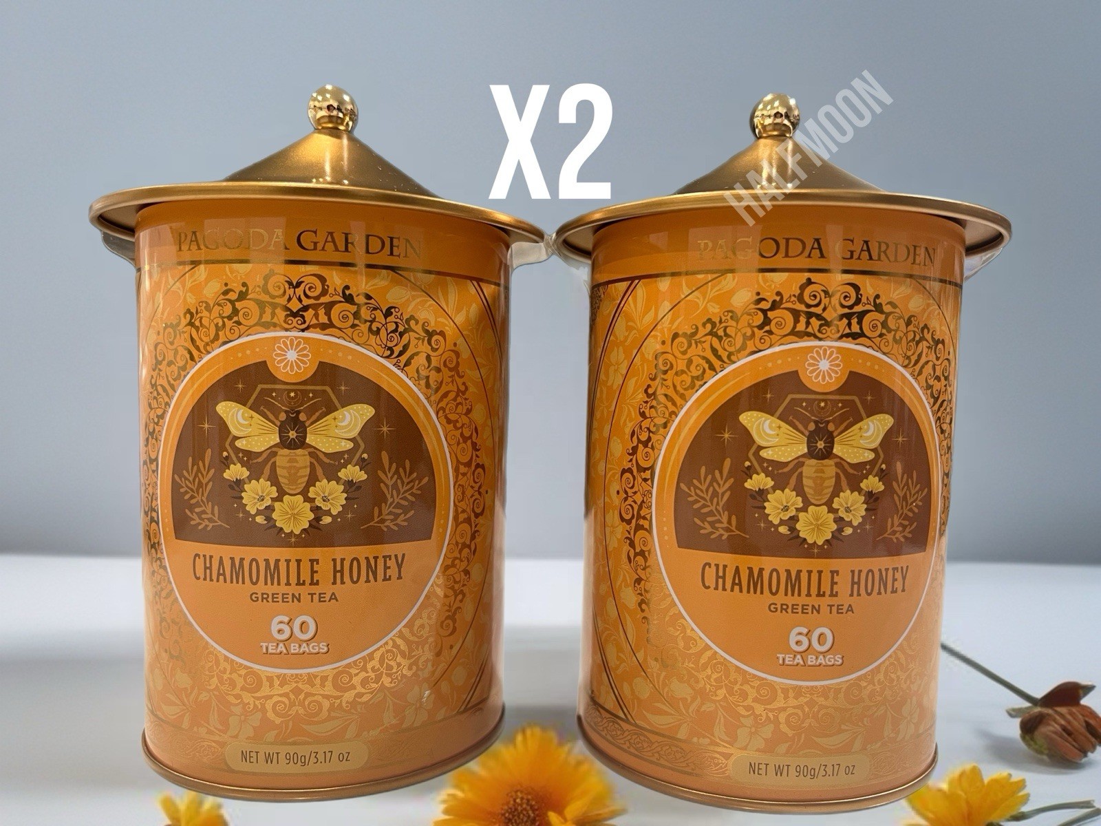 Pagoda Garden Chamomile Honey Green Tea Tin Set of 2 60 Tea Bags Each