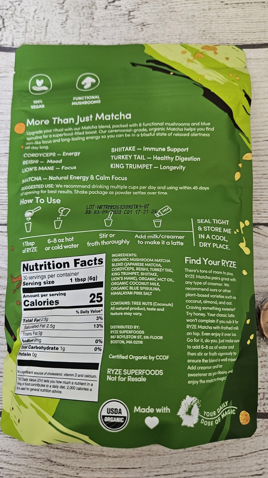 RYZE Mushroom Matcha 6.35oz + Mushroom Hot Cocoa 20 Servings Bundle, Vegan
