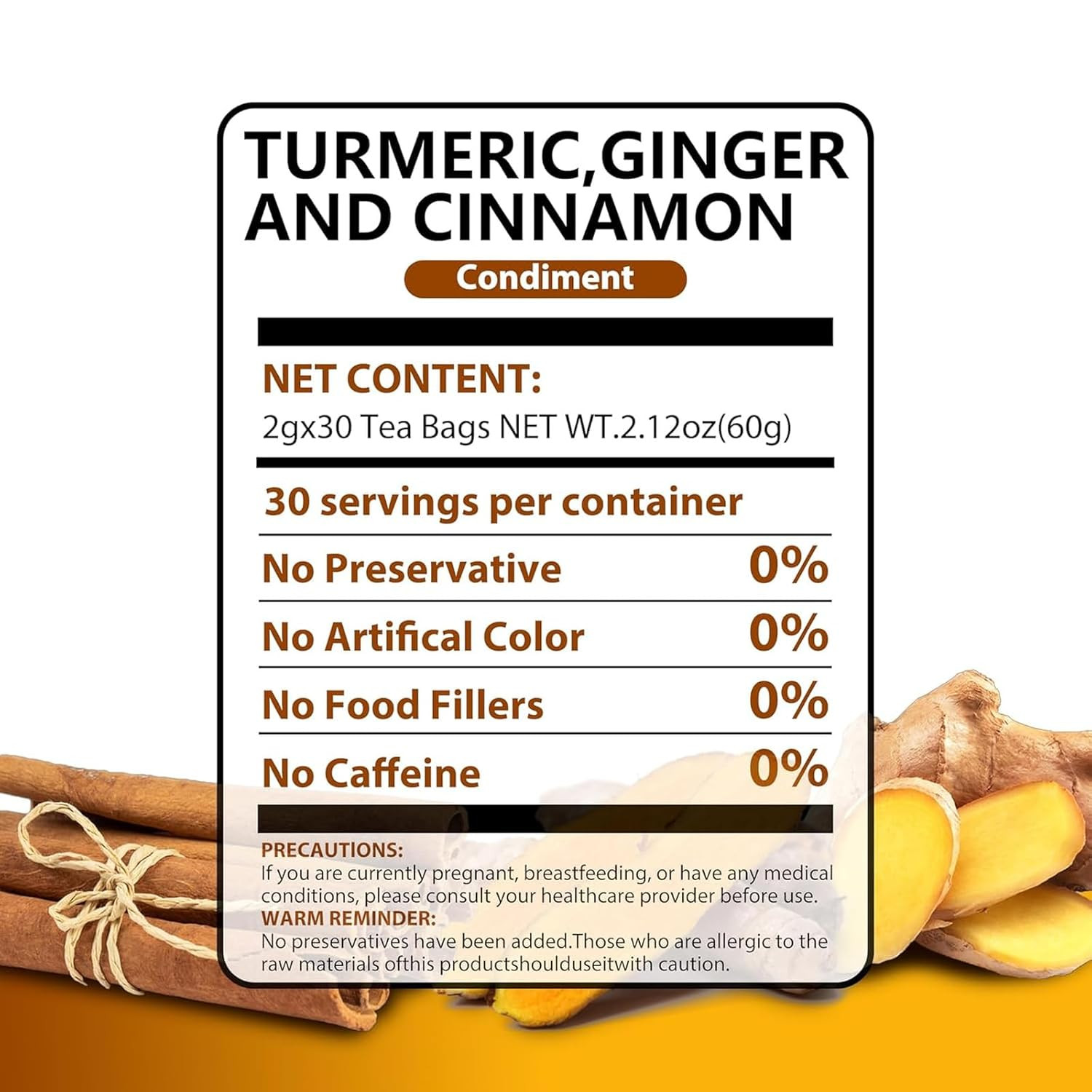 30 Premium Turmeric Ginger Cinnamon Tea Bags, 100% Natural Ingredients Herbal Te