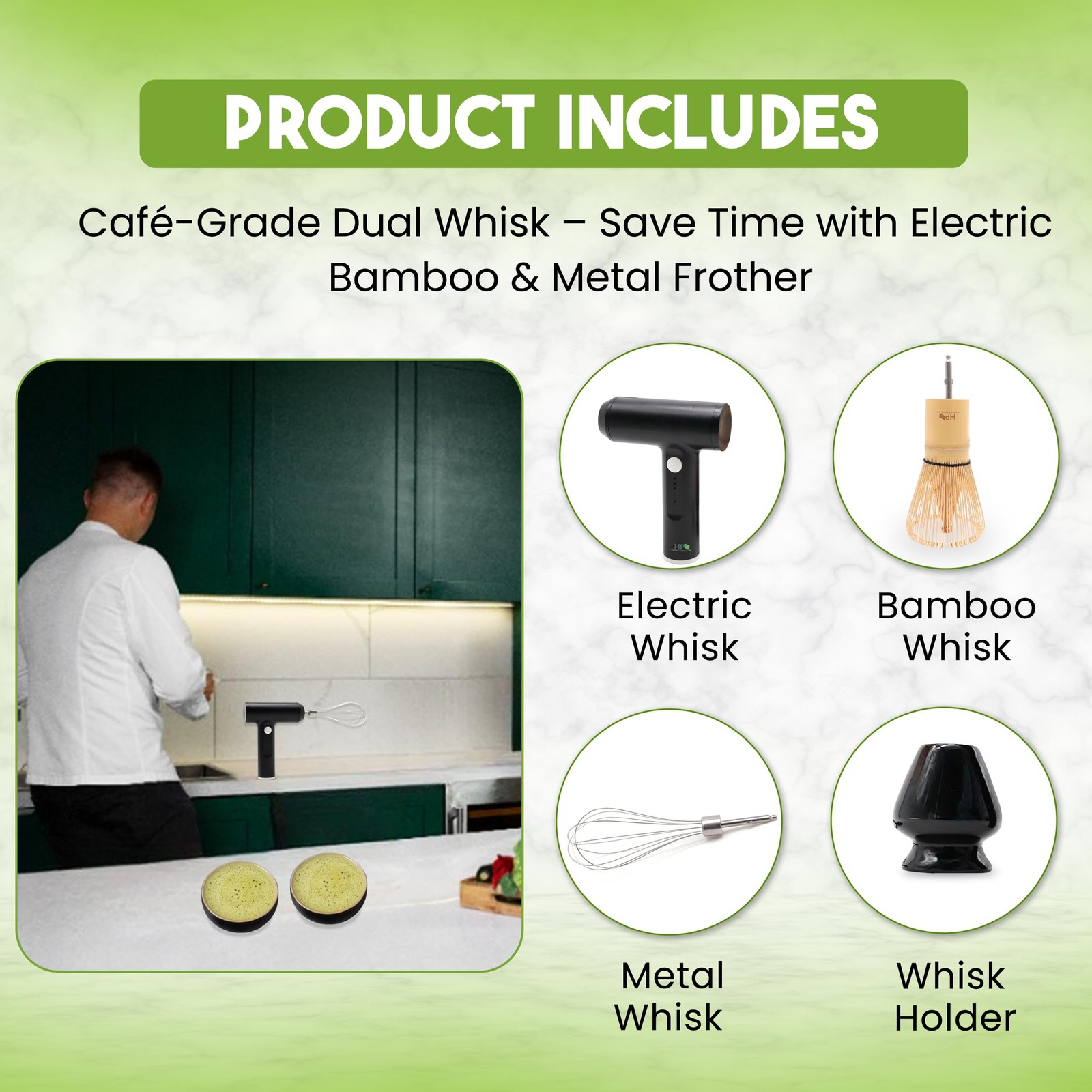 Matcha Electric Whisk Set – Rechargeable Handheld Frother with Whisk and Hold…