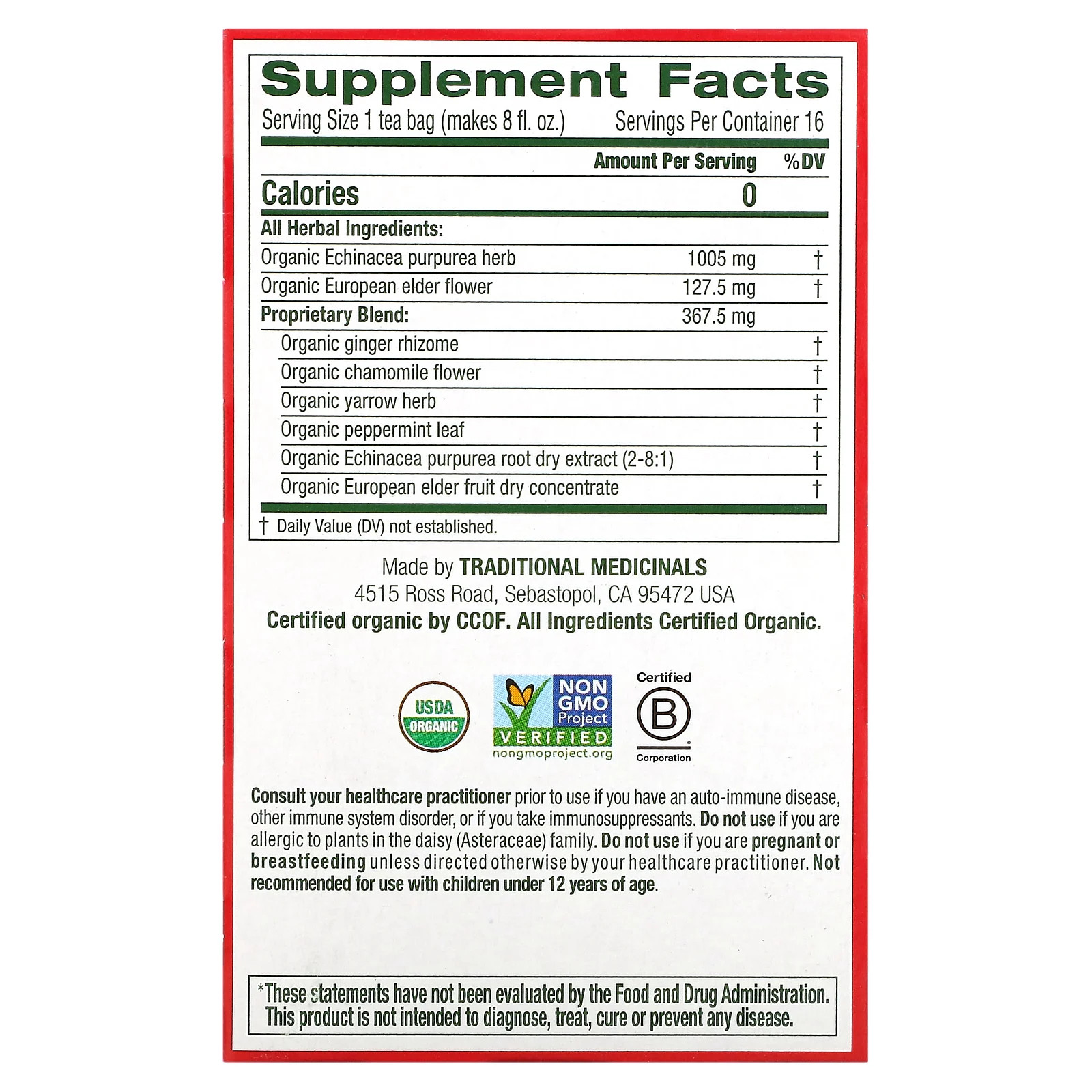 Organic Echinacea Plus, Elderberry, Caffeine Free, 16 Wrapped Tea Bags, 0.85 oz