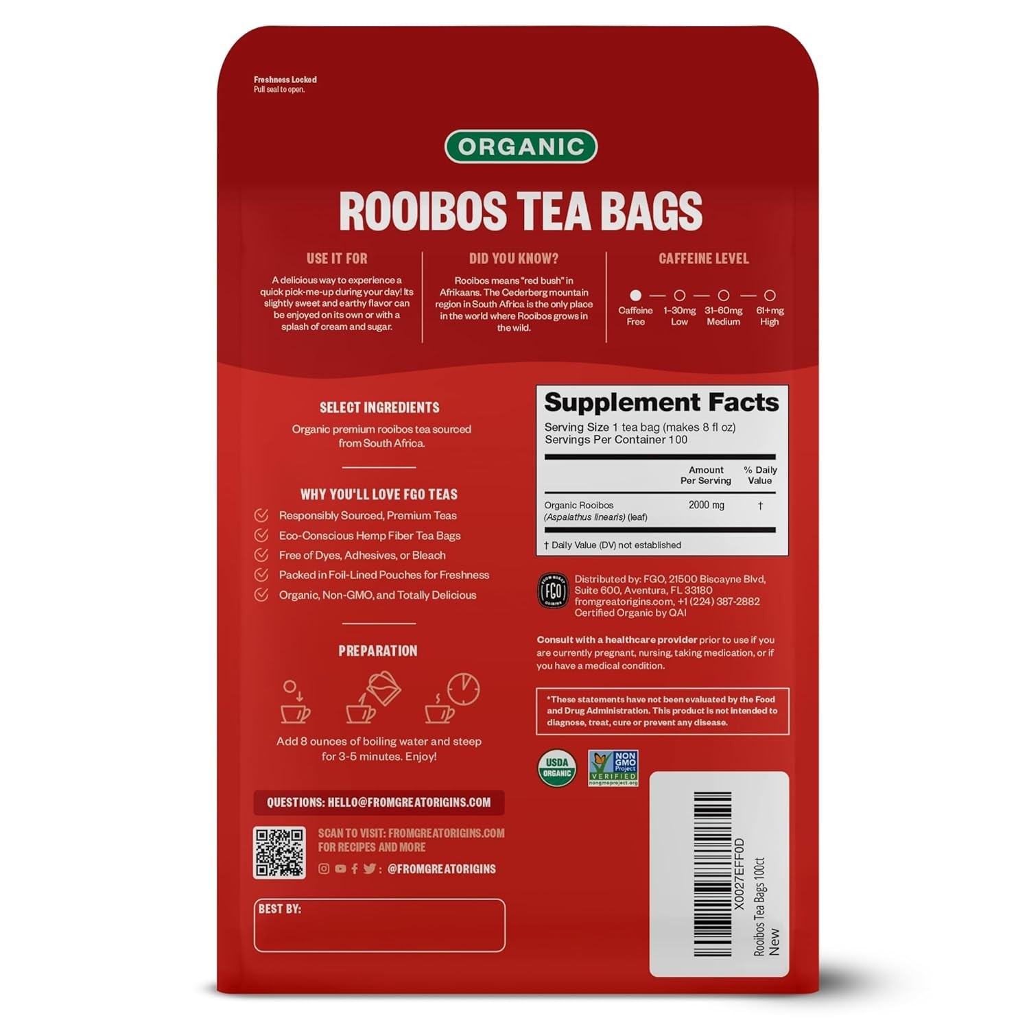 100 Eco-Conscious Rooibos Tea Bags – Herbal, Caffeine Free, Organic Goodness