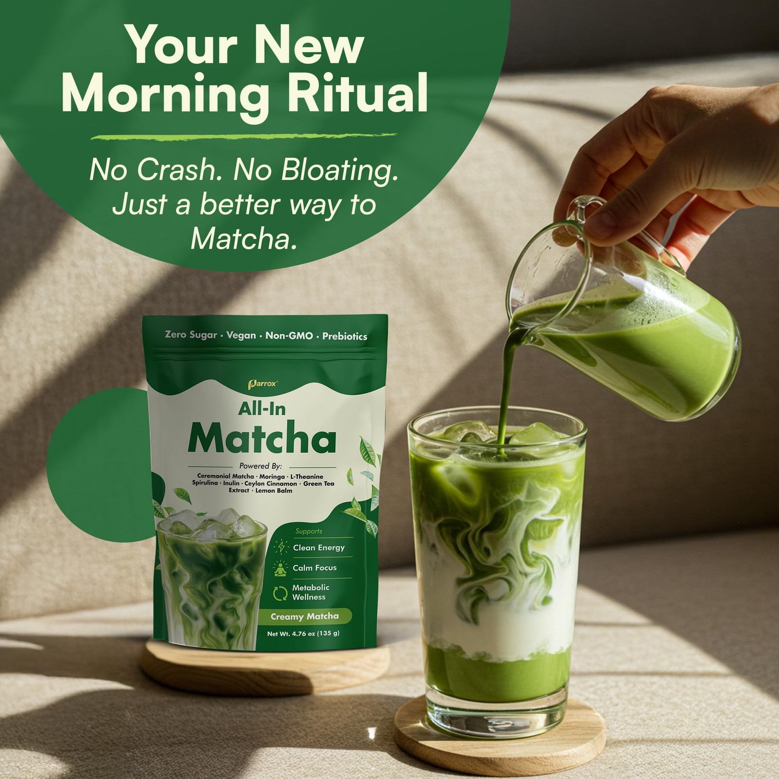 Ceremonial Grade Matcha Powder Infused with Moringa, Green Tea Extract, L-The…