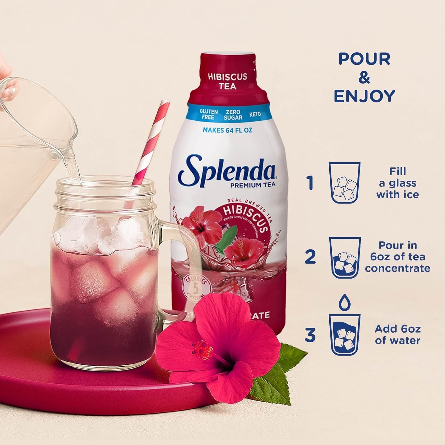 SPLENDA Premium Hibiscus Tea 1:1 Concentrate, Zero Sugar, Gluten Free, 32 Fl Oz