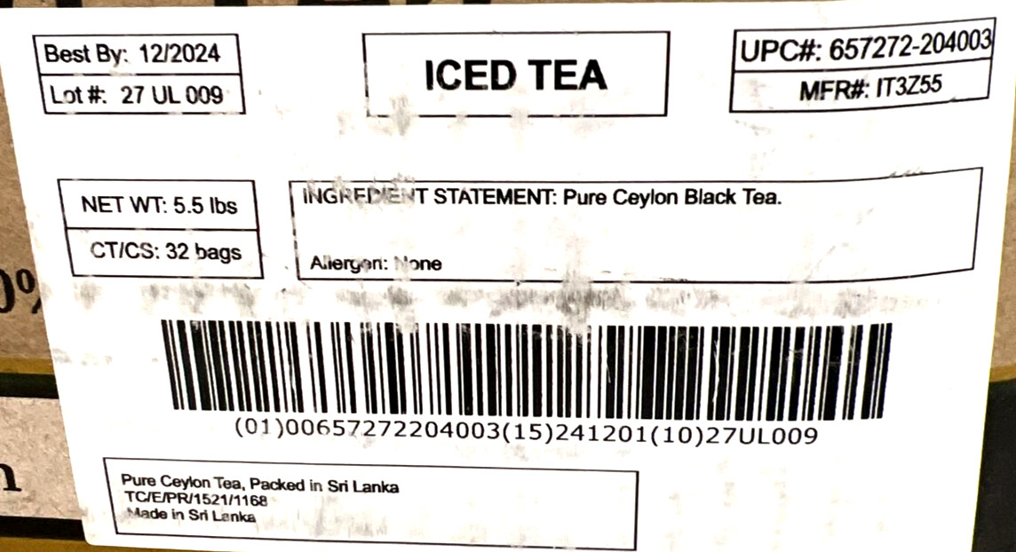 Walters Bay Iced Tea Pure Ceylon Black Tea 32×3 Gallon (4 Damaged Boxes) 12/2024