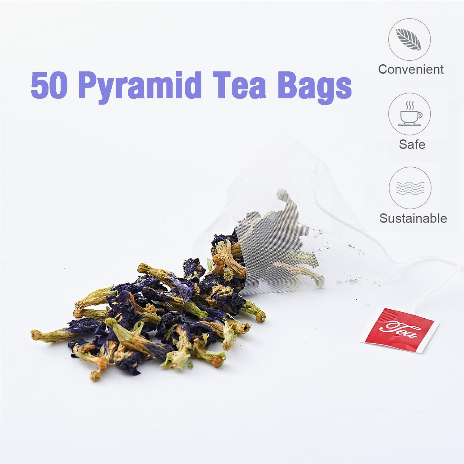 50 Dried Blue Butterfly Pea Flower Tea Bags | Thai Herbal Tea | Blue Purple Pea