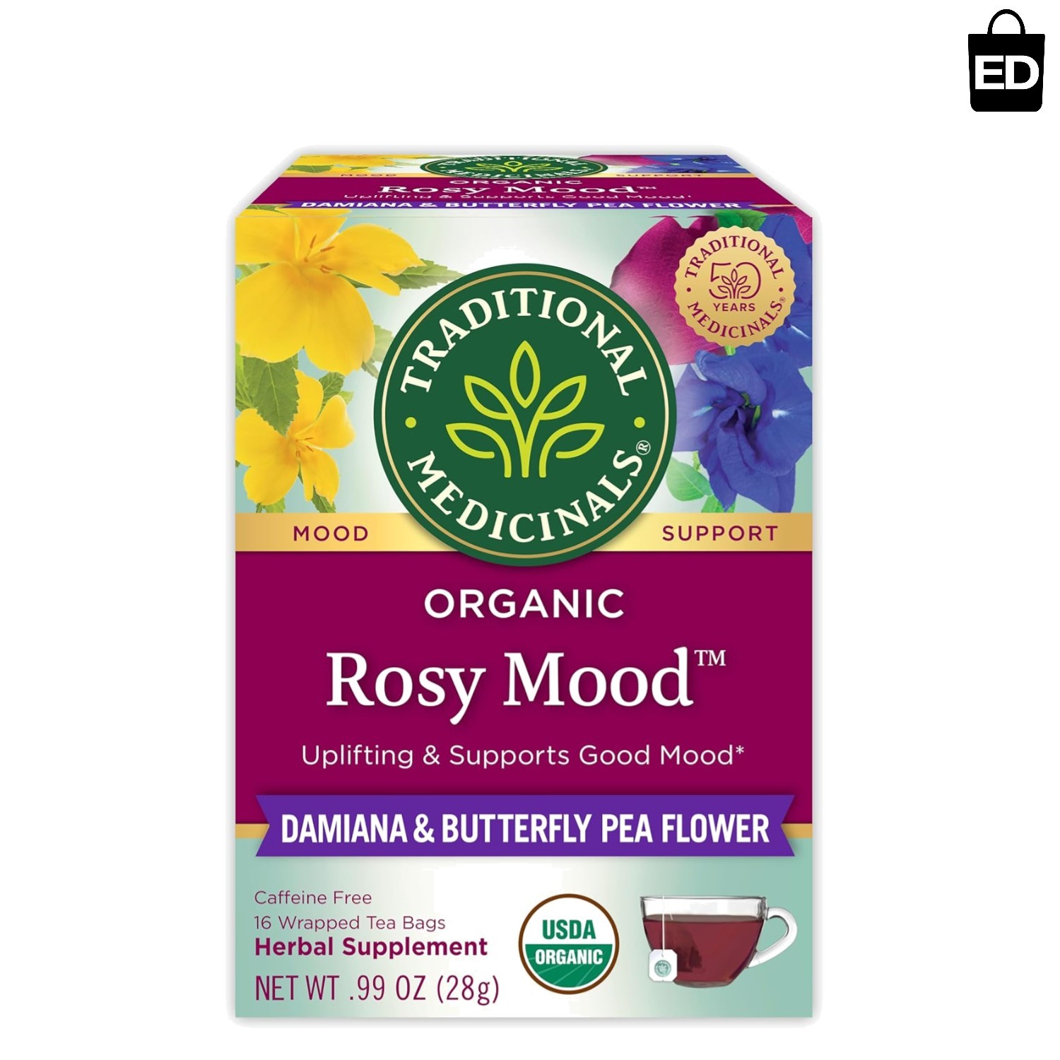 Organic Uplifting Tea – Rosy Mood with Damiana & Butterfly Pea Flower, 16 Bags