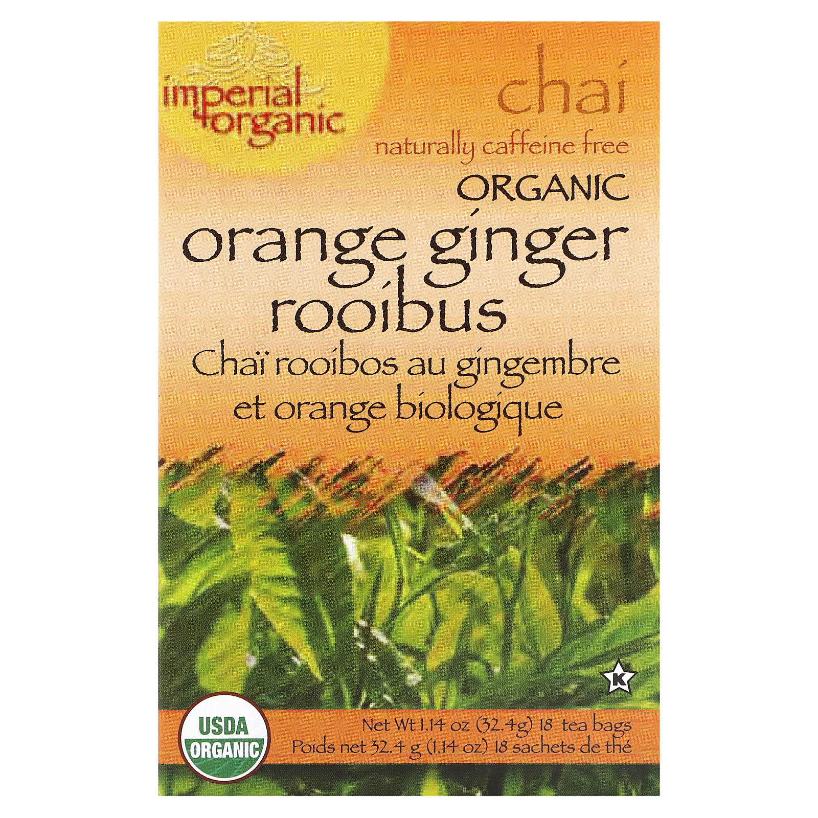 Imperial Organic, Orange Ginger Rooibus Chai, Caffeine Free, 18 Tea Bags, 1.14