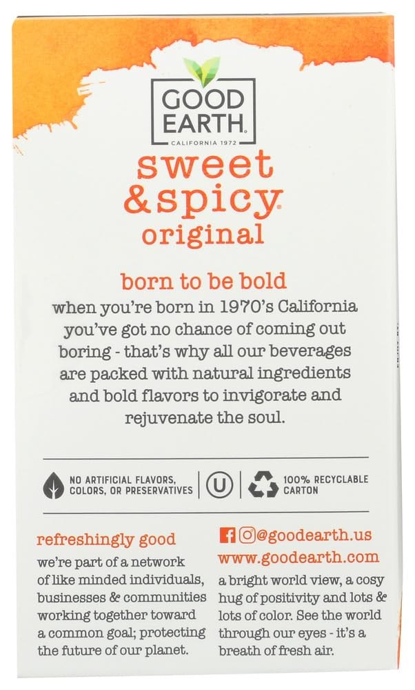 Good Earth Sweet & Spicy Herbal & Black Tea, 18 Tea Bags, 1.43 Ounce (6-Pack)