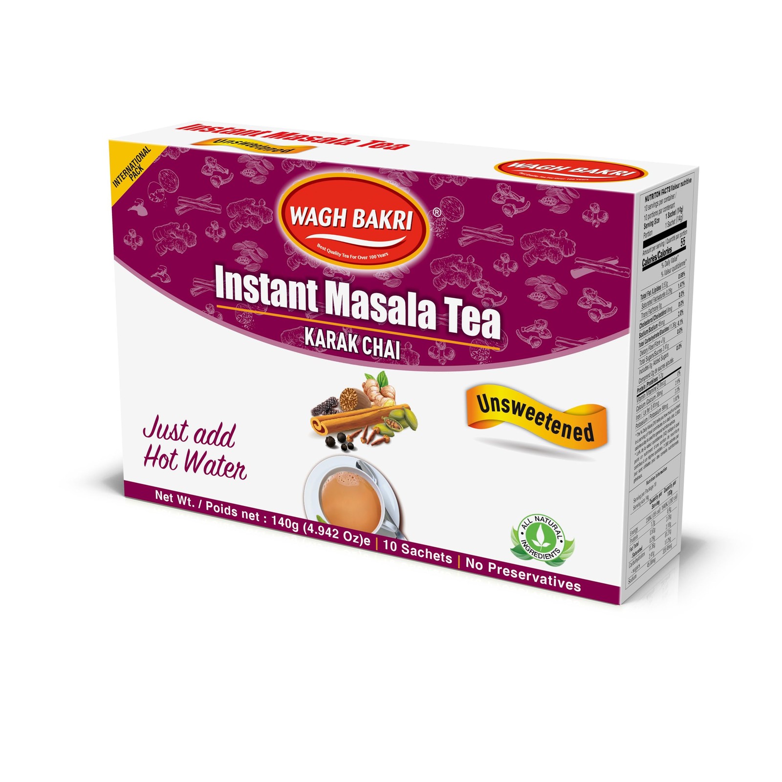 Instant Masala Tea, Unsweetened No Sugar Added, Karak Chai – 140grams, 10 Sac…