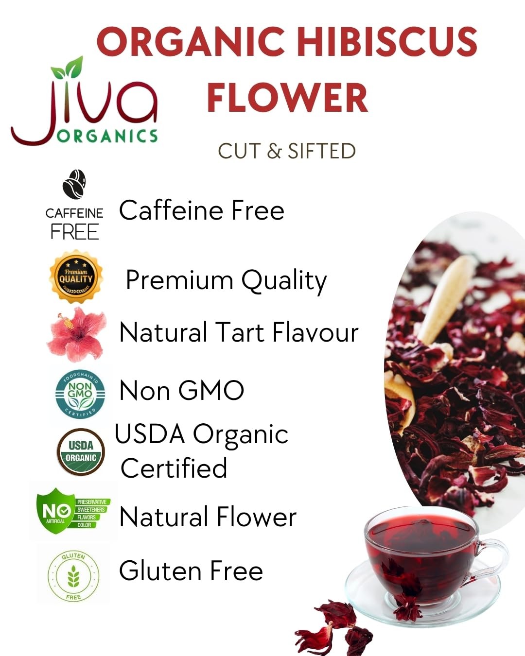 Organic Hibiscus Flowers 1 LB Bulk – 100% Pure, Cut & Sifted, Gluten Free,