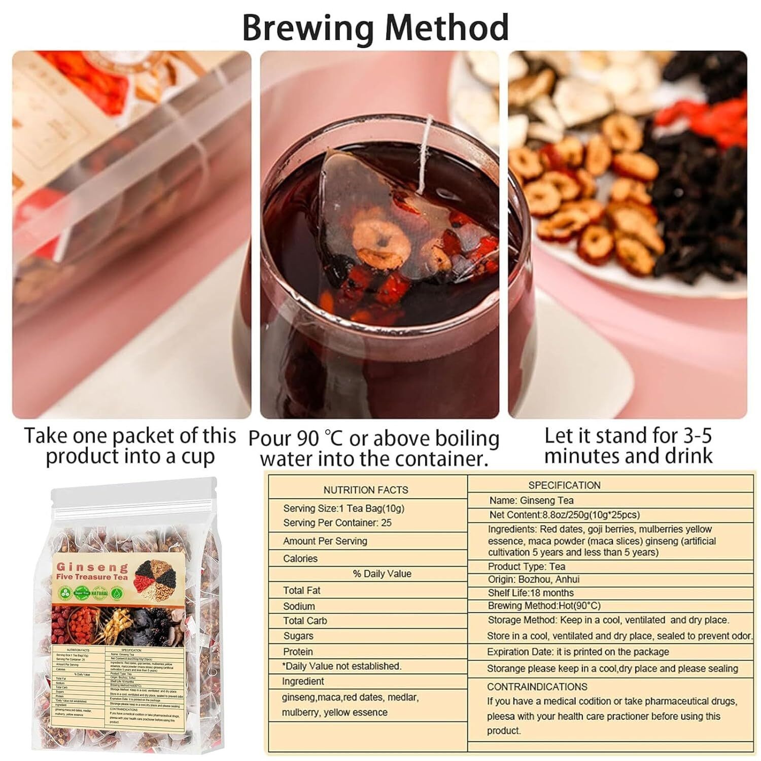 Ginseng Five Treasure Tea Kidney Support Red Date Herbal Blend