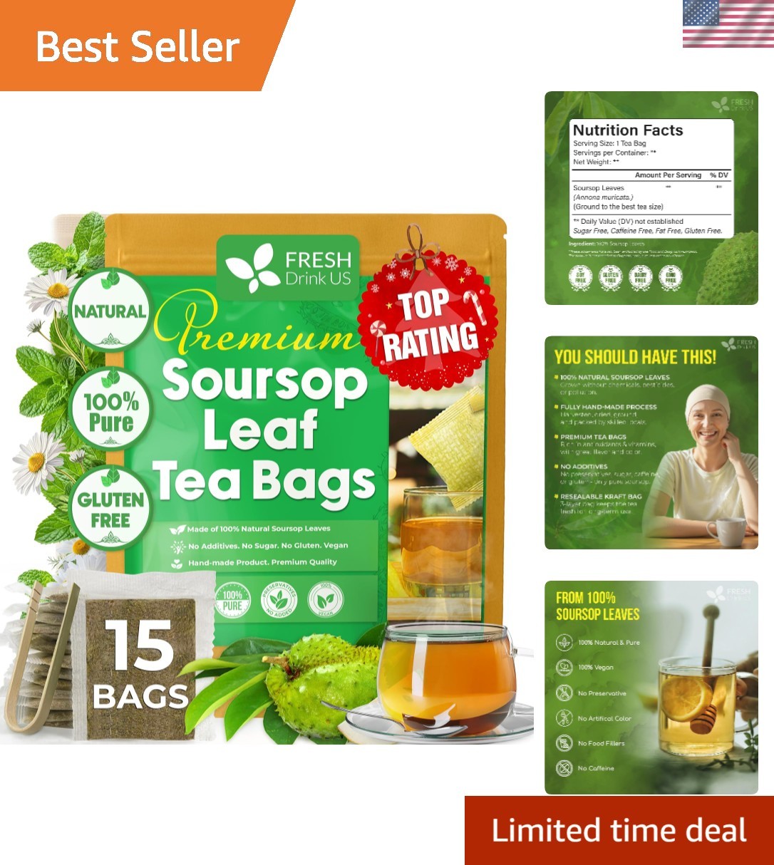 15 Soursop Graviola Tea Bags – 100% Natural, Caffeine Free Delight