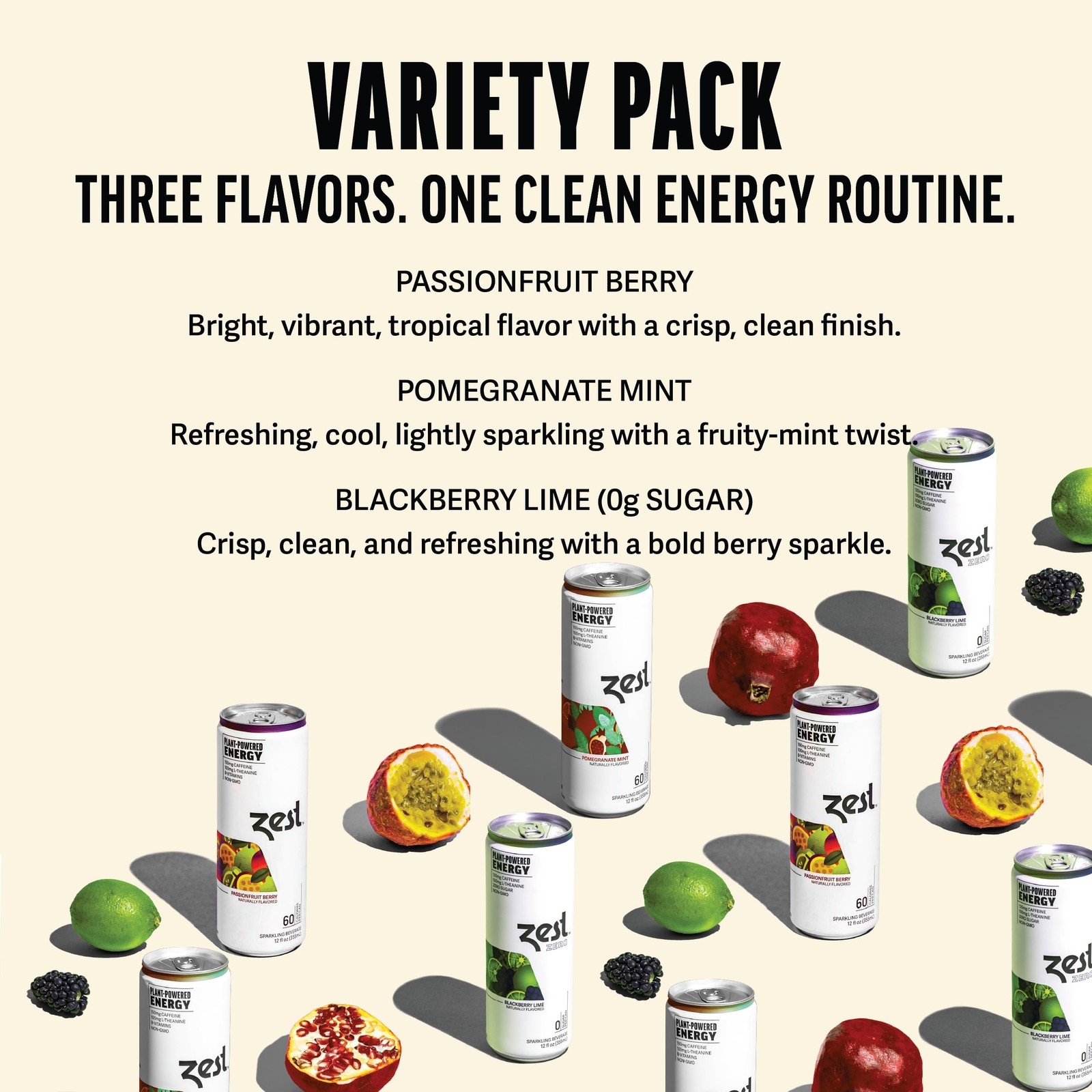 Zest Clean Energy Drinks Variety Pack – 3 Flavors – 120-150mg Caffeine + 100mg