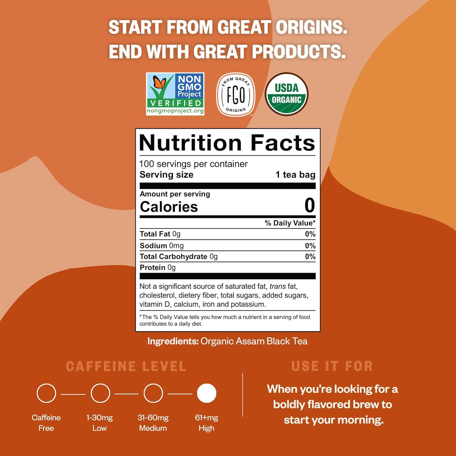 Organic Assam Tea, 100 Count, Eco-Conscious Black Tea Bags, Resealable Bag, Pack