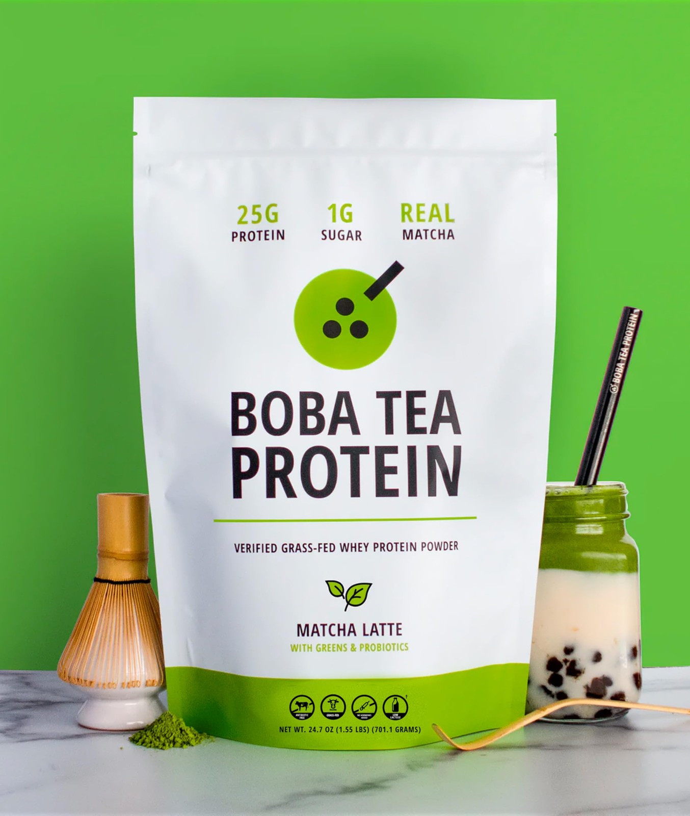Boba Tea Protein Matcha Latte | 25g GrassFed Whey Protein Isolate Powder | Gl…