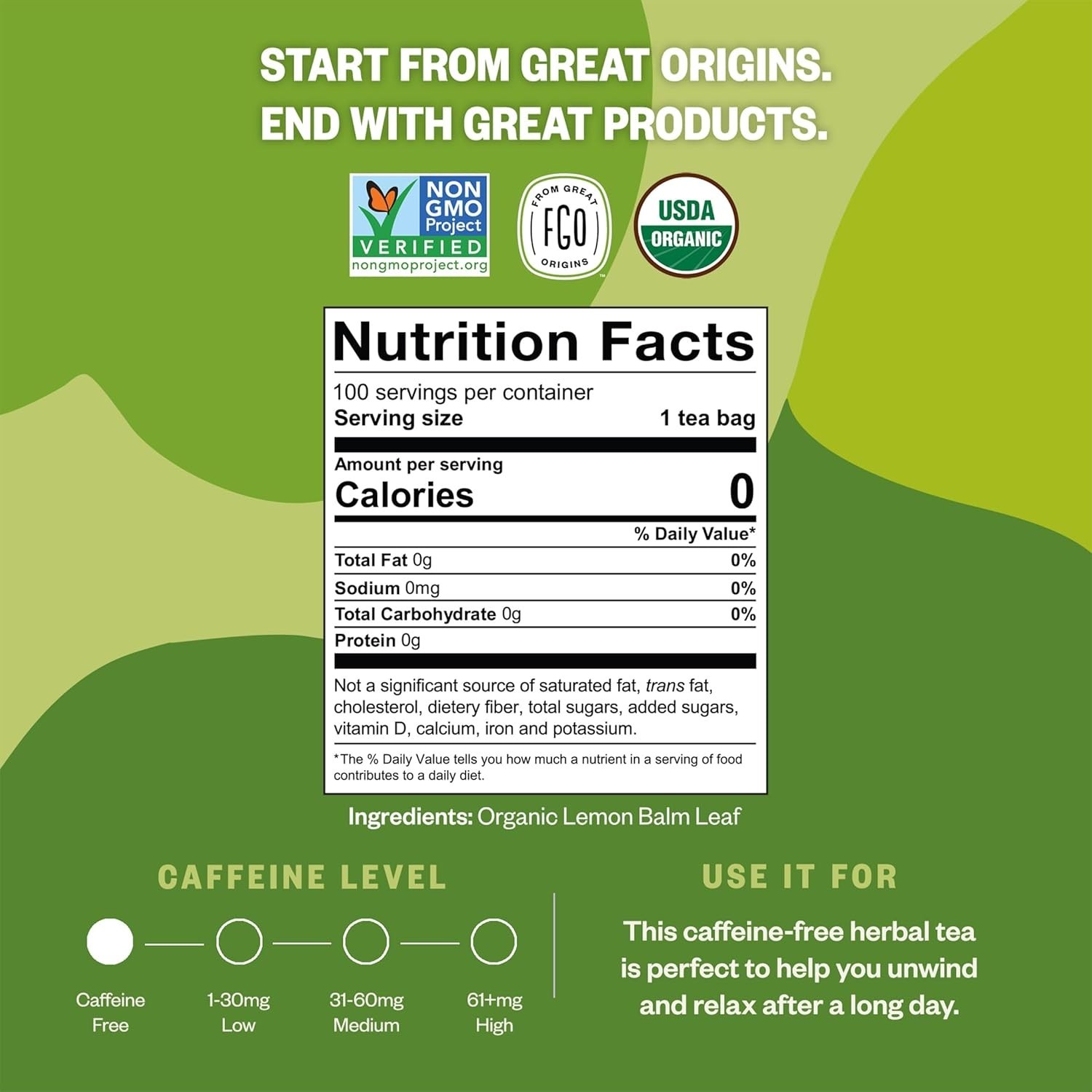 100 Count Caffeine-Free Organic Lemon Balm Tea for Mood Enhancement & Relaxation