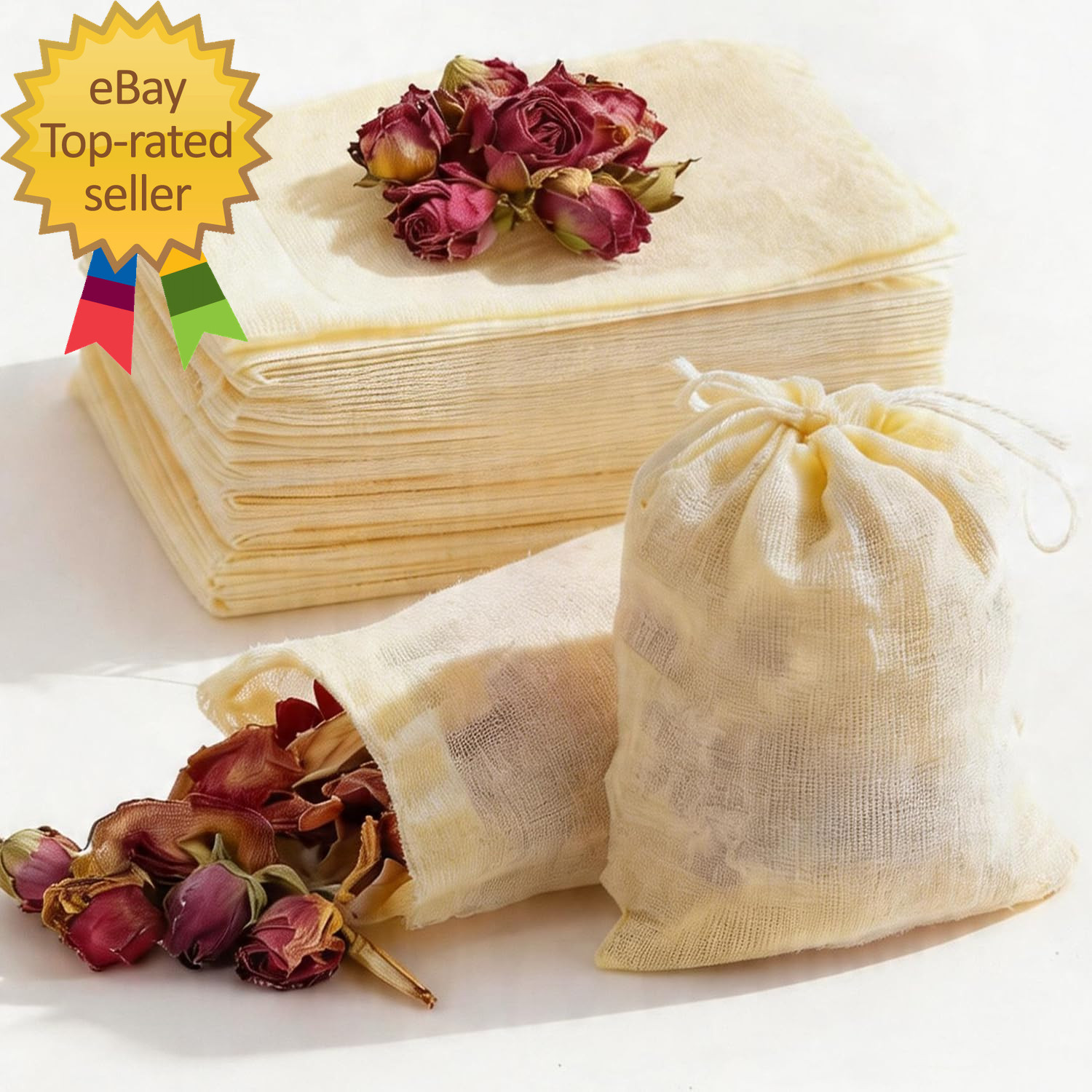 60Pcs Reusable Tea Bags for Loose Leaf Tea 3X4Inch Sachet Unbleached Muslin