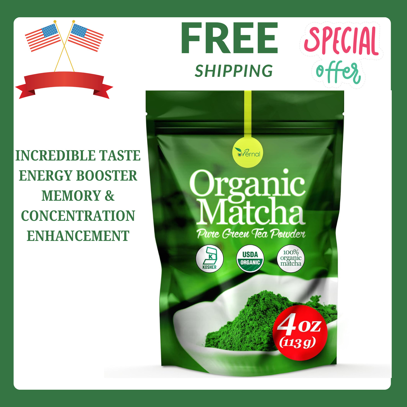 Organic Matcha Green Tea Powder 4oz, Pure Ceremonial Grade for Lattes & Baking