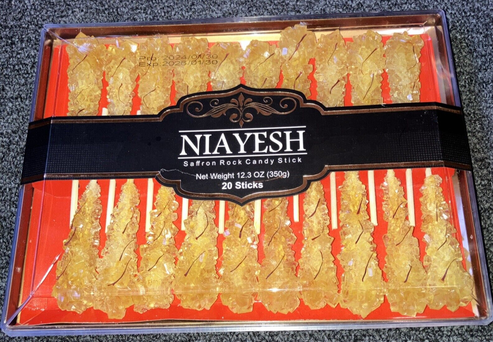 Saffron Rock Candy 20 Sticks (Nabat) Niayesh Brand 350 Grams Net Weight For Tea