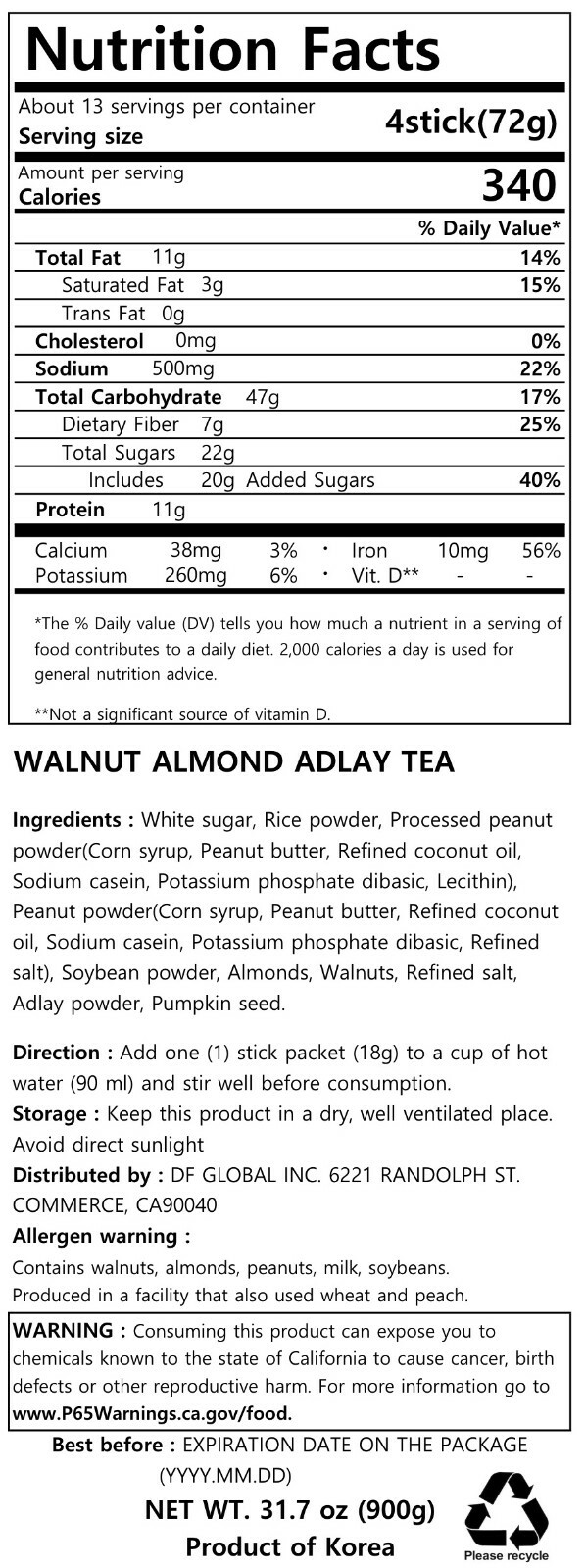 DAMTUH Natural Walnut Almond Adlay Powder Tea 50 Sticks x 1 Box, Korean Tea