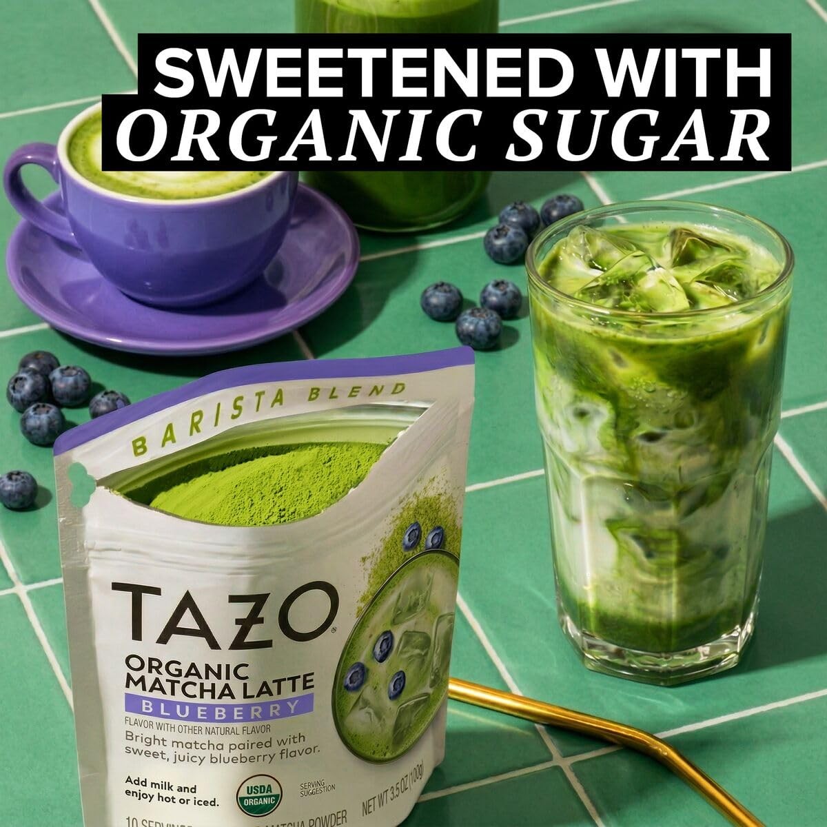 TAZO Organic Blueberry Matcha Latte Powder, Café Style 3.5 Ounce (Pack of 1)