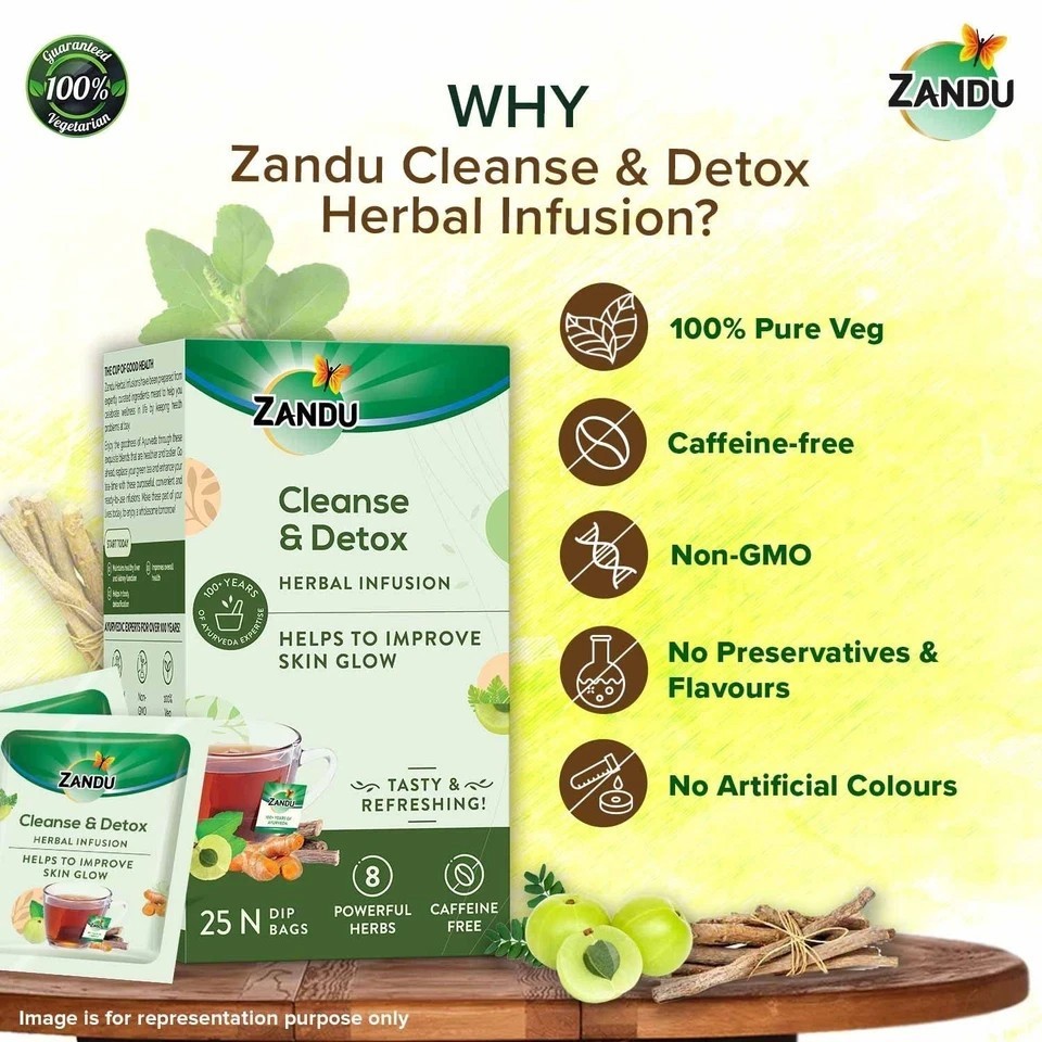 Zandu Cleanse Detox Herbal Green Tea 25 Bags | Skin Glow & Body Detox, 90g