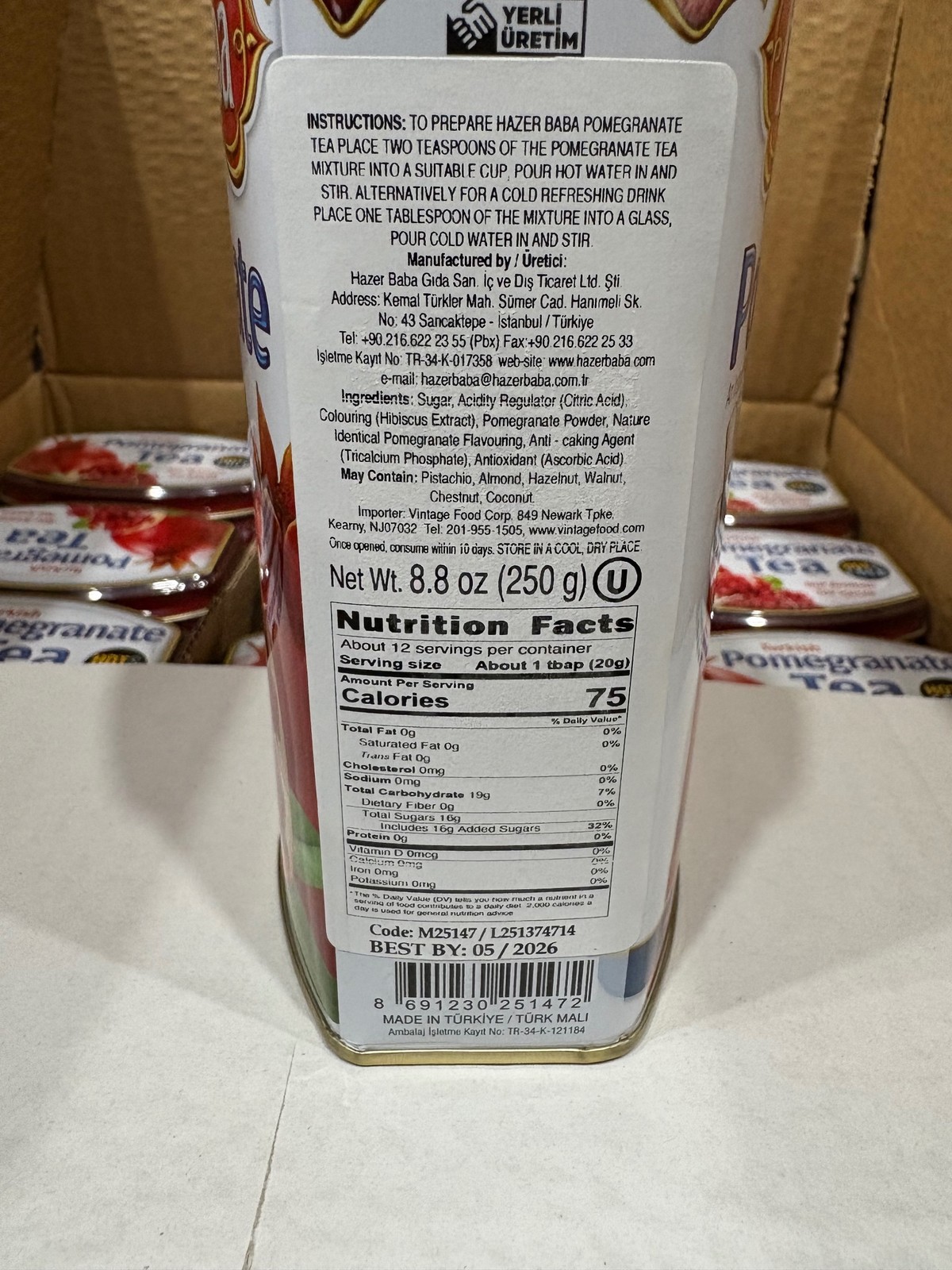 HazerBaba Pomegranate Tea Powder Tin 8.8 oz 250g Turkish Hot Cold Kosher Sealed