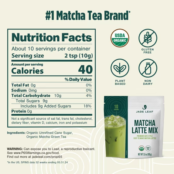 Jade Leaf Matcha, Organic Japanese Matcha Latte Mix, Powdered Tea, 3.5 Oz
