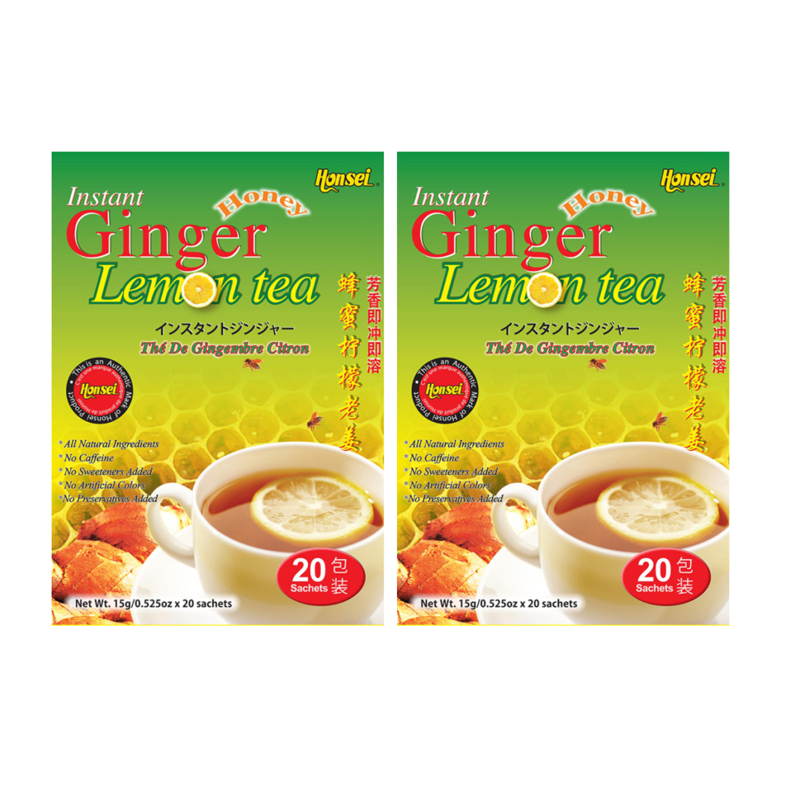 Honsei Instant Ginger Honey Lemon Tea, 15g/0.52 oz.20 Sachets Each Box – 2 PACK