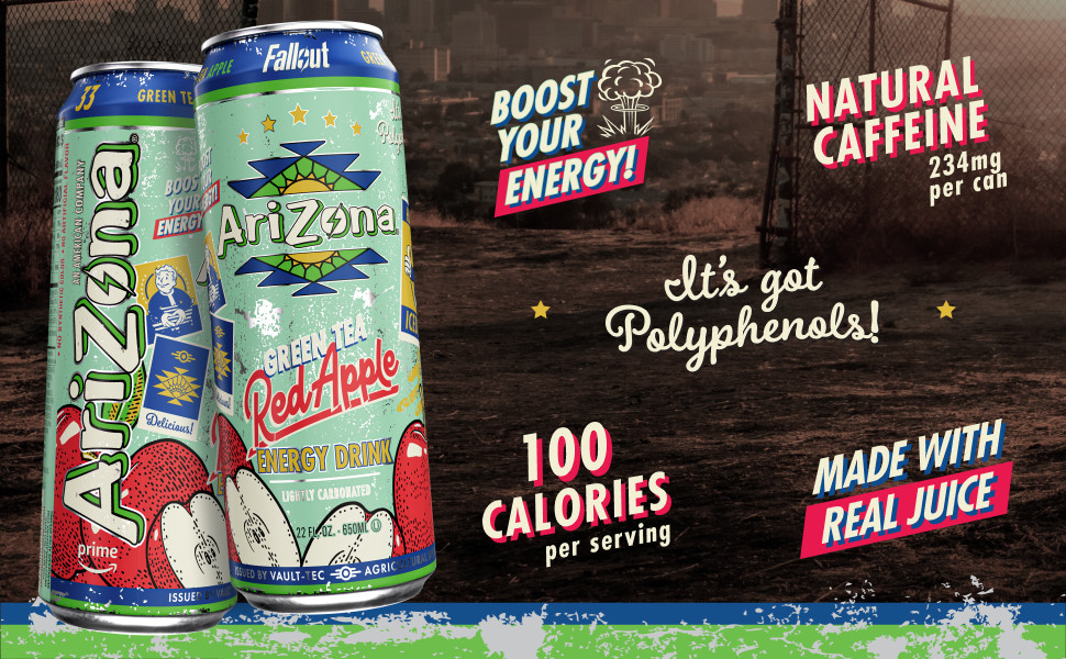 AriZona x Fallout Green Tea Energy Drink Red Apple Flavor 22 fl oz, Vault-Tec