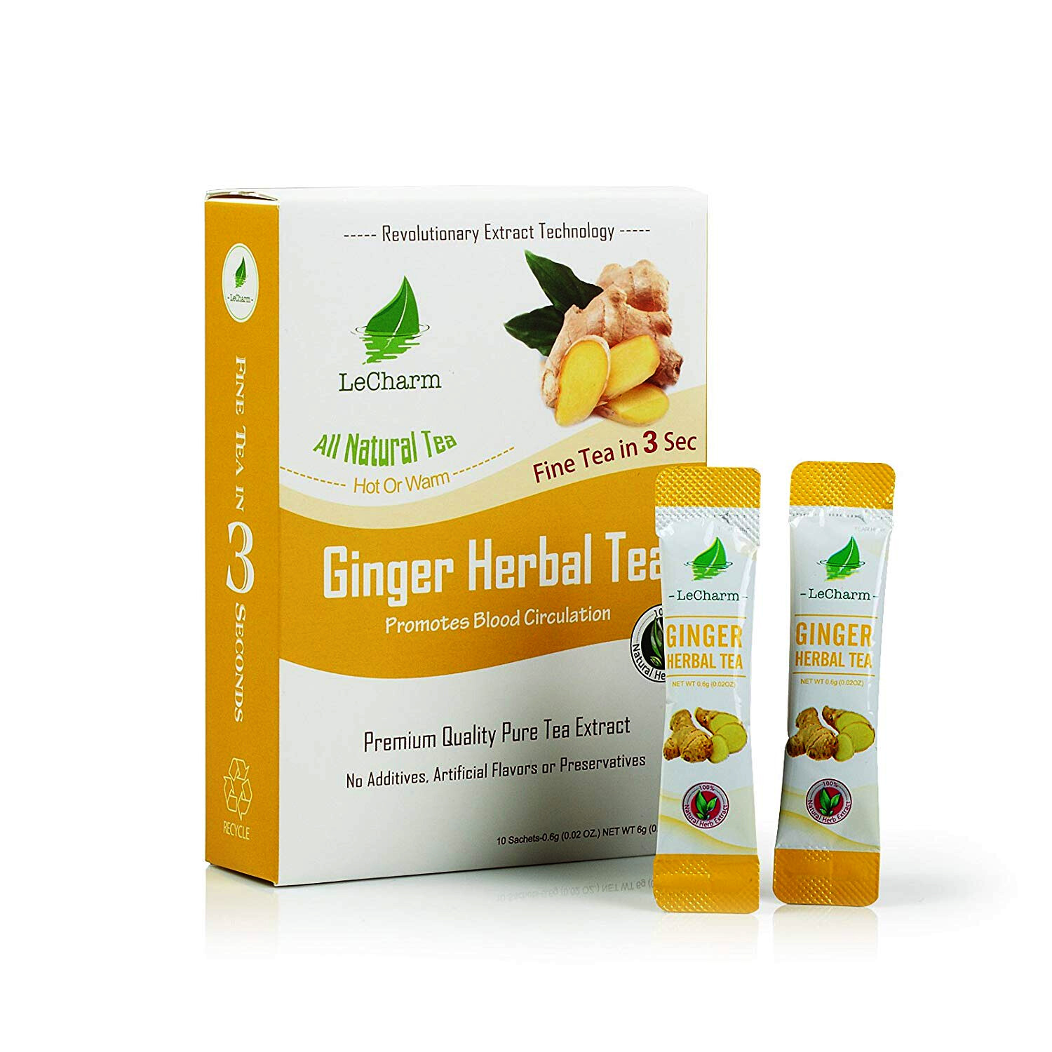 LeCharm Premium 100% Natural Ginger Tea Sugar-Free Herbal Blend (10 Sachets)