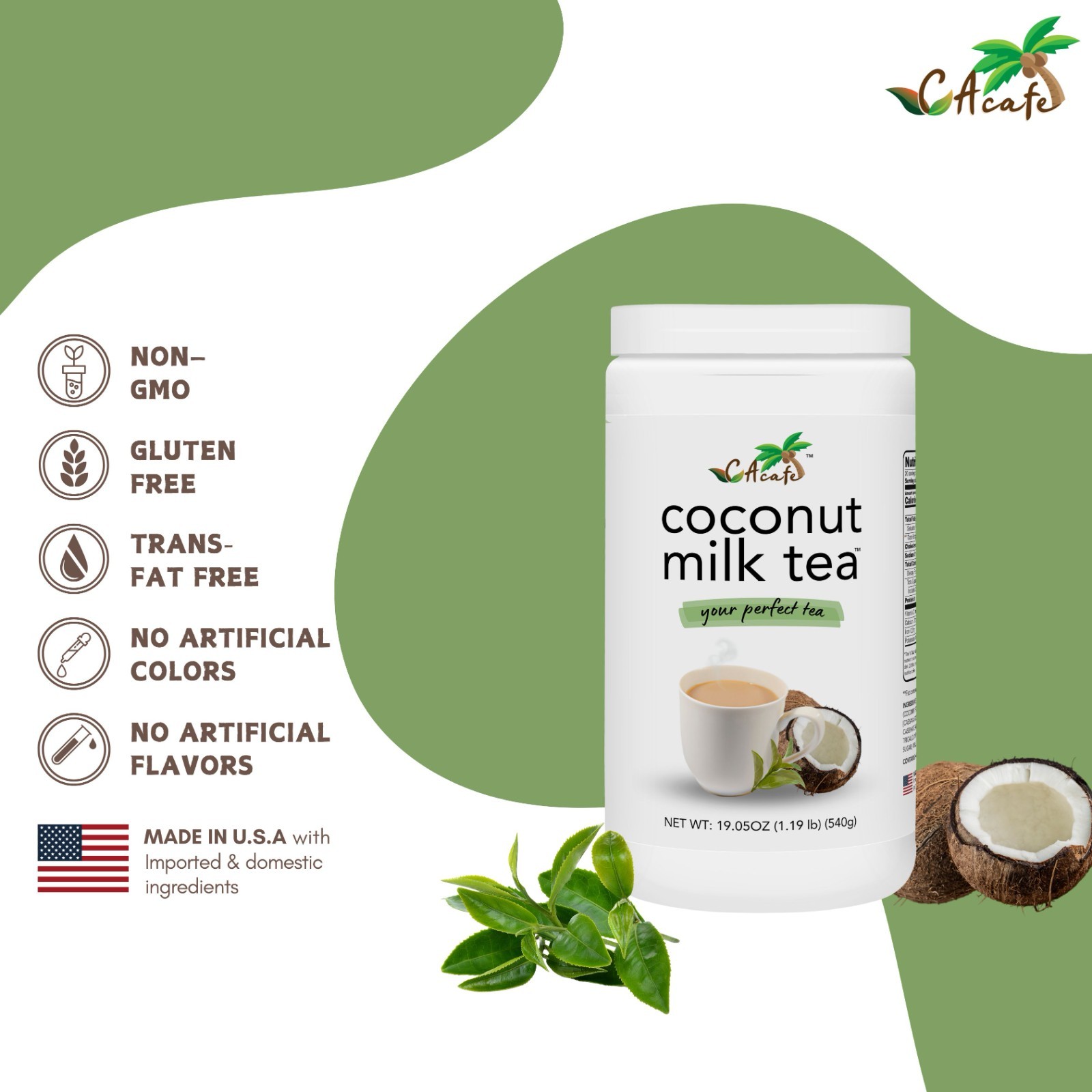 CAcafe Coconut Tea, Green Tea Infused with Coconut 19.05oz