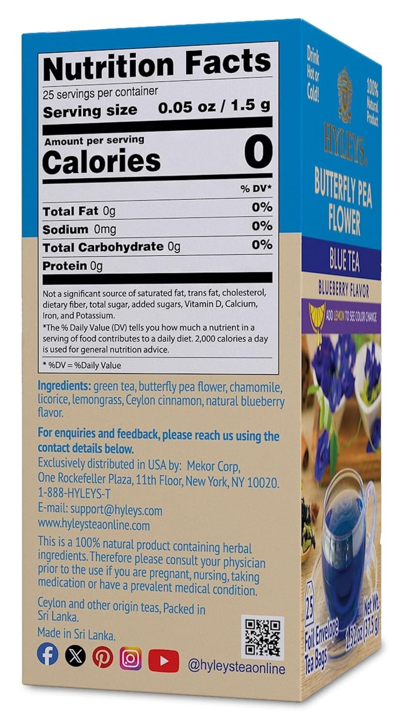 Hyleys Butterfly Pea Flower Tea – Blue Tea with Natural Blueberry Flavor – 25 TB