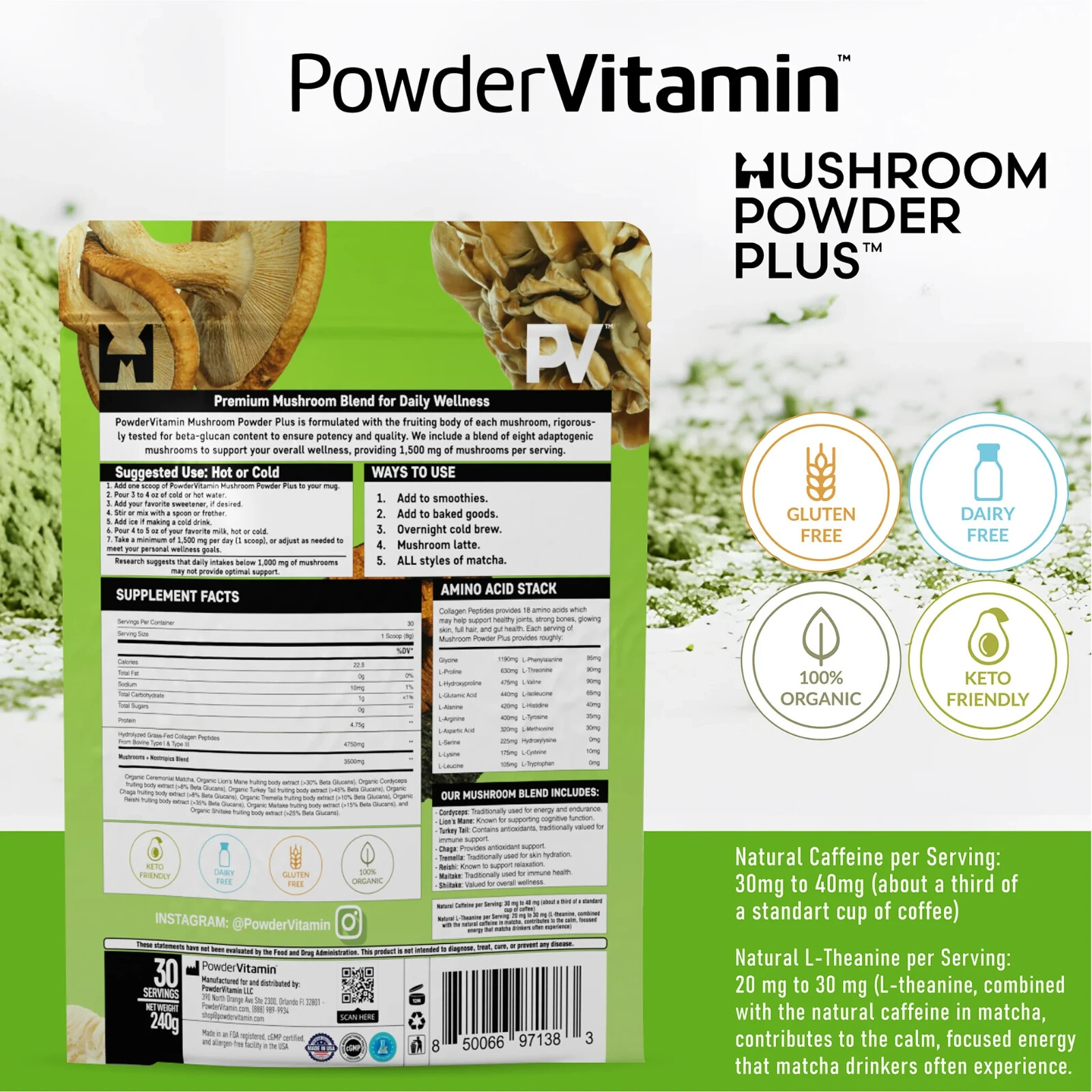 PowderVitamin Organic Mushroom Ceremonial Matcha, 30 servings