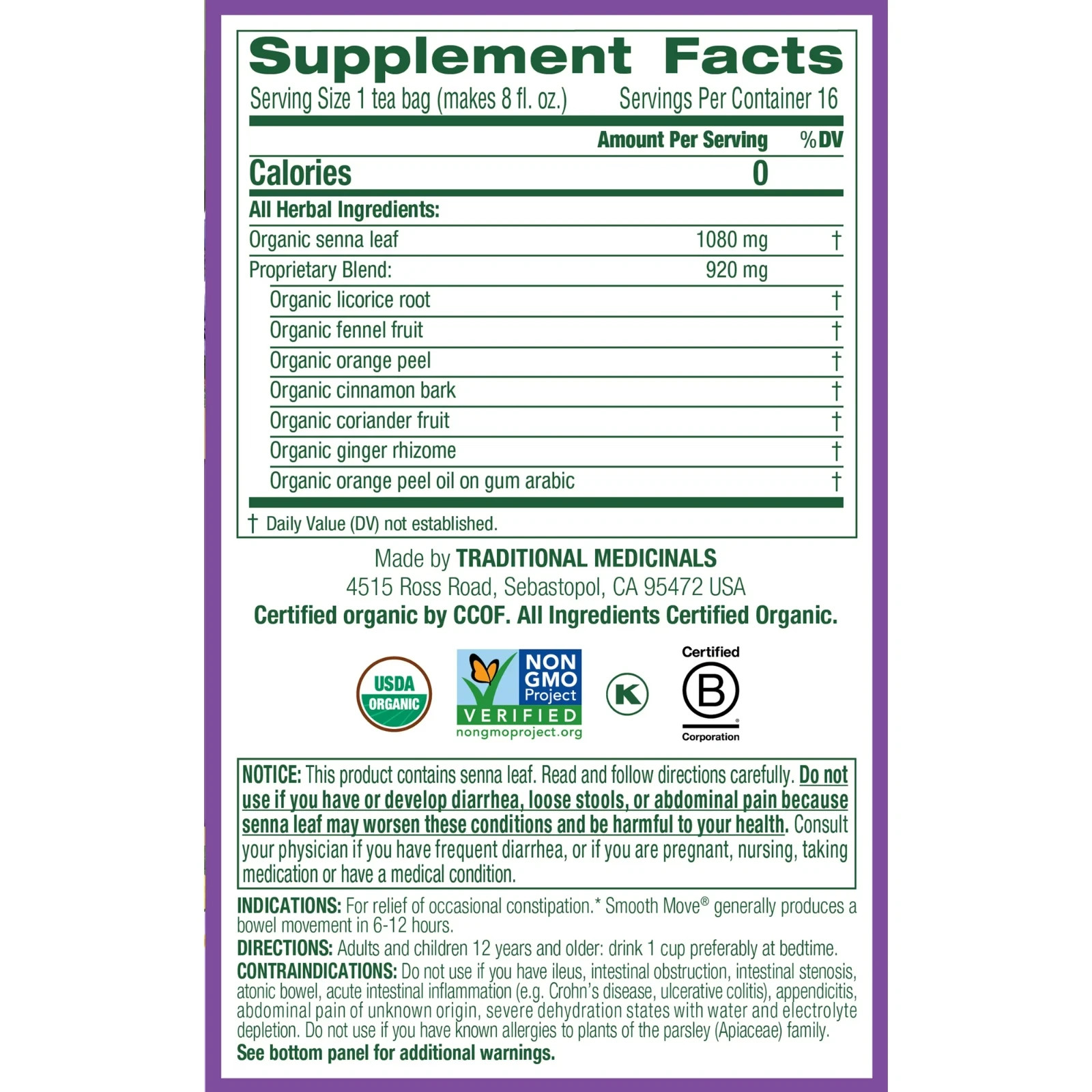 Traditional Medicinals Organic Smooth Senna Laxative Herbal Tea Bags, 16 Count