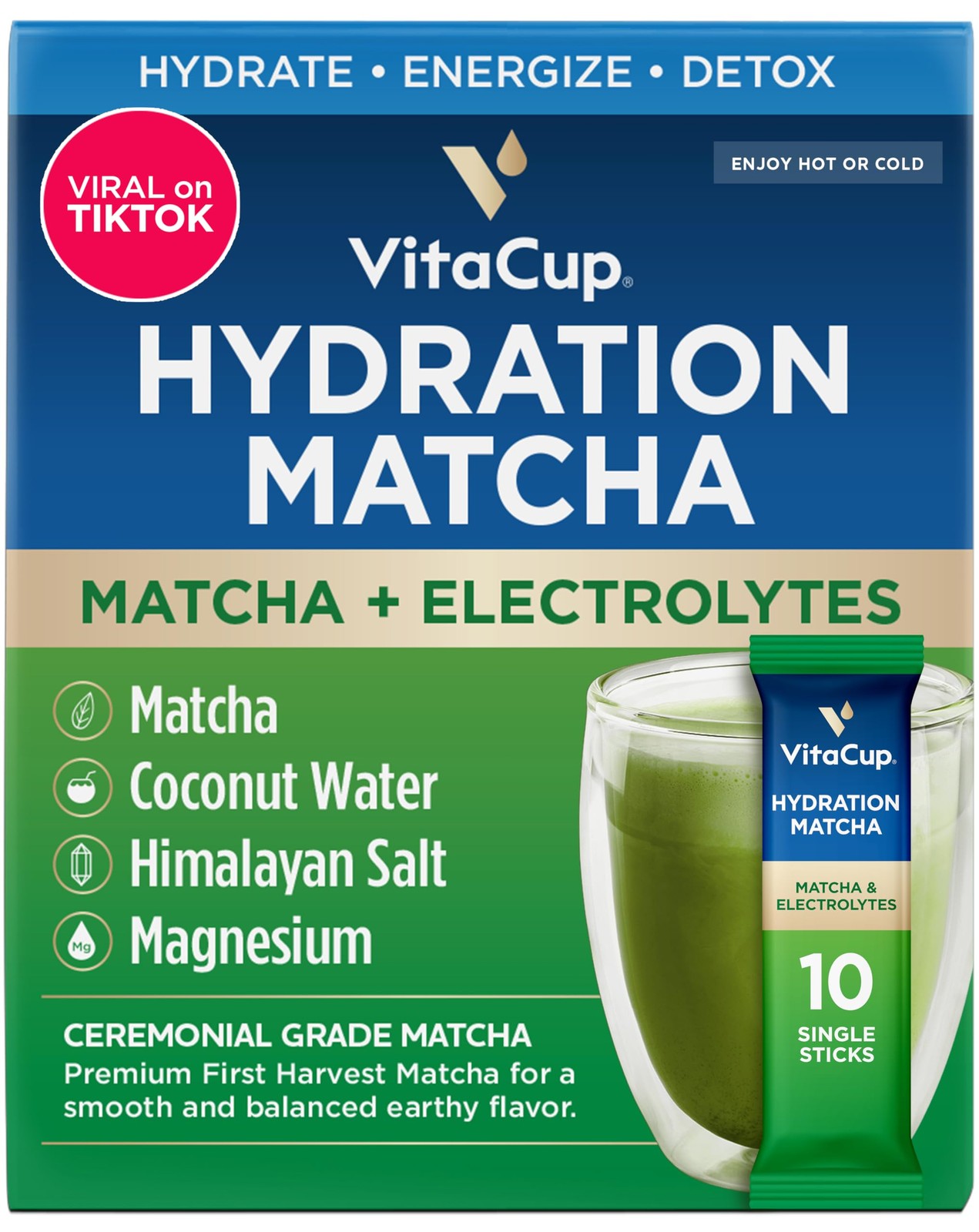 VitaCup Hydration Matcha Instant Packets, for Natural Energy and Detox, w/Ele…