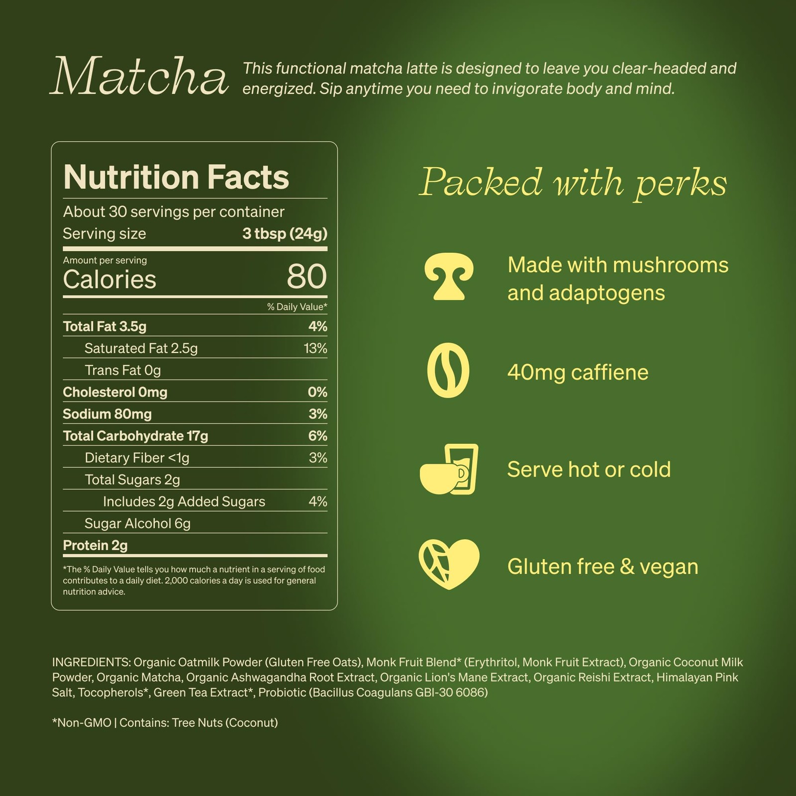 Matcha Superlatte, Instant Ceremonial Grade, Superfood Powder Blend with Lion…