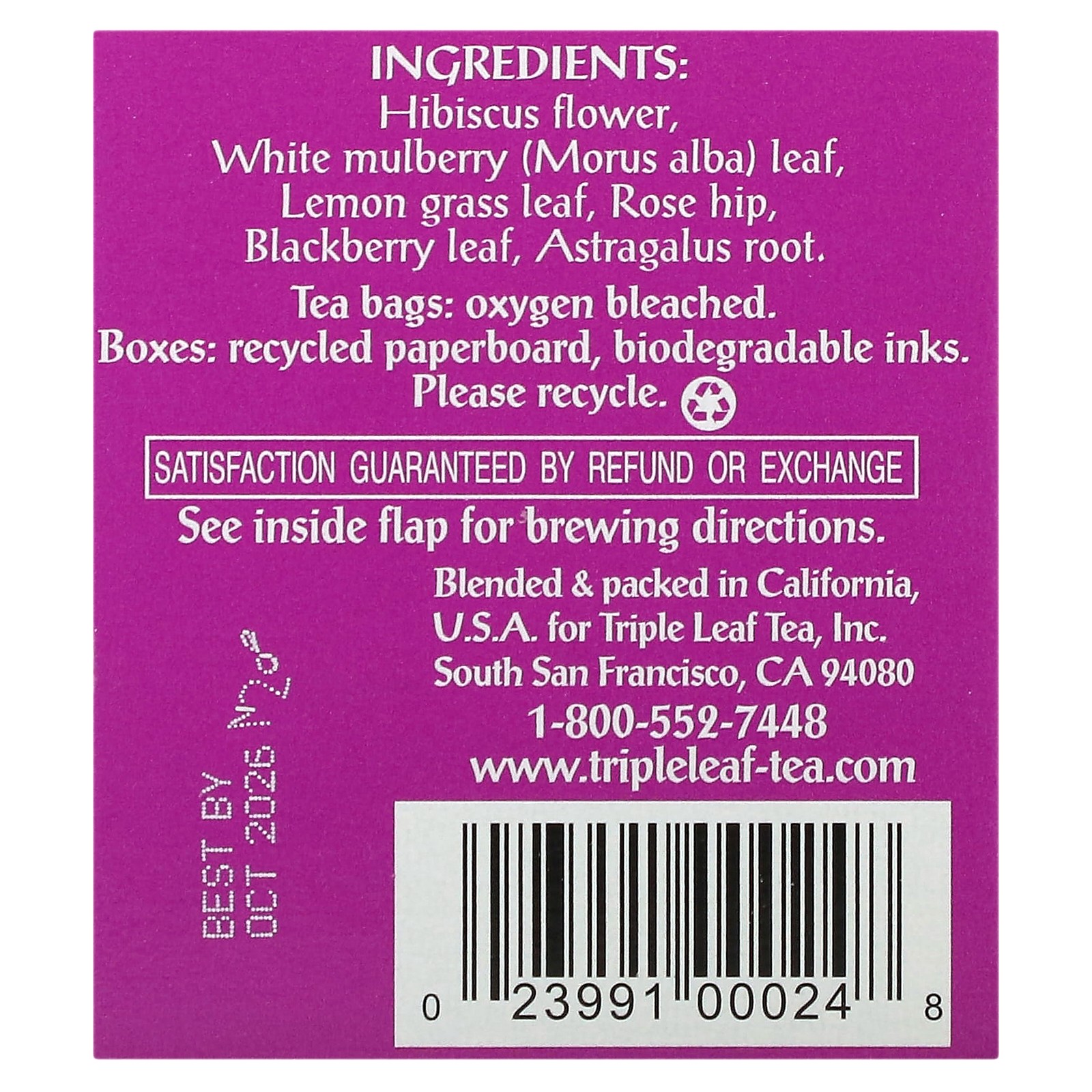 Hibiscus With White Mulberry Leaf, Caffeine Free, 20 Tea Bags, 1.34 oz (38 g)