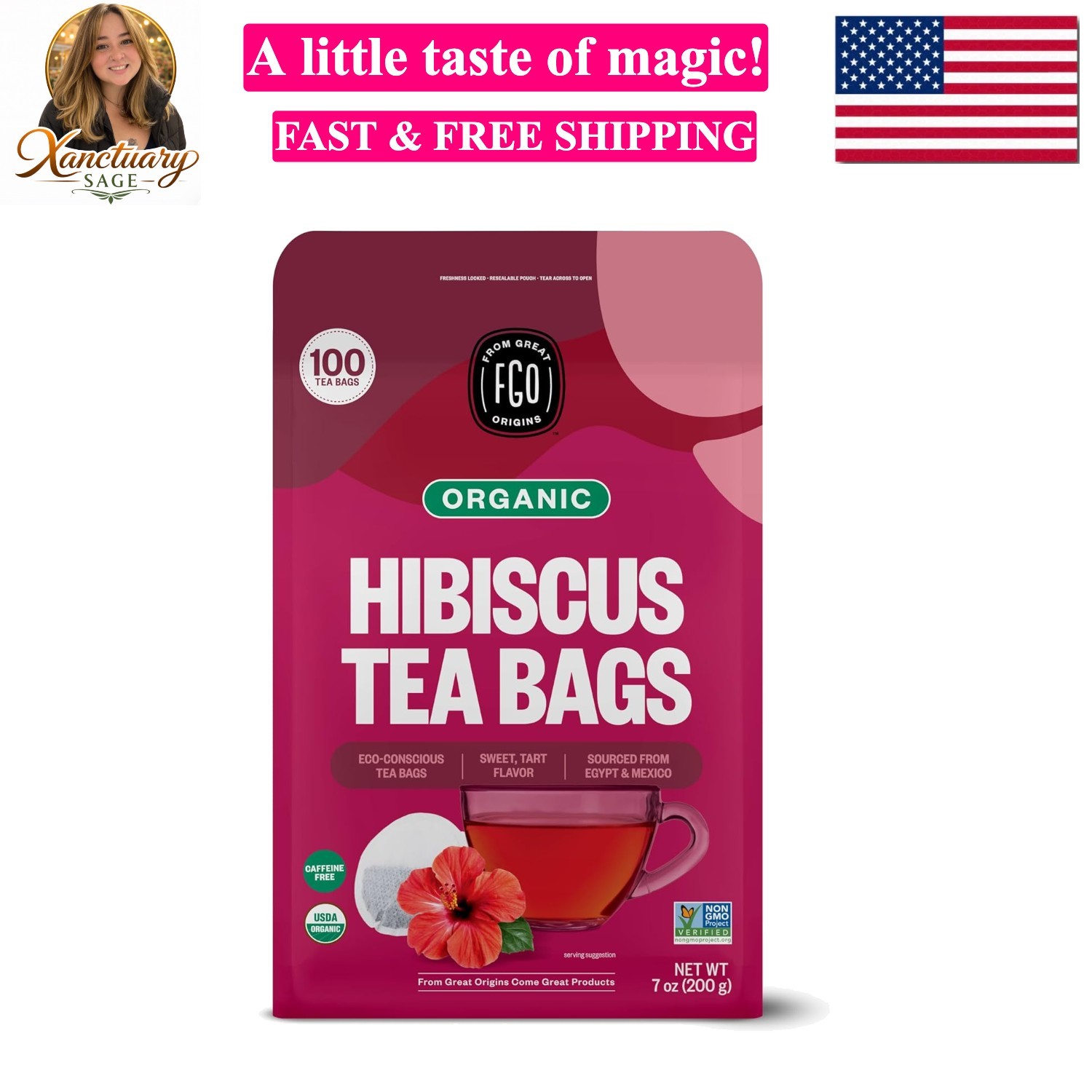Organic Hibiscus Tea, 100 Count, Eco-Conscious Tea Bags, Caffeine Free, Packa…