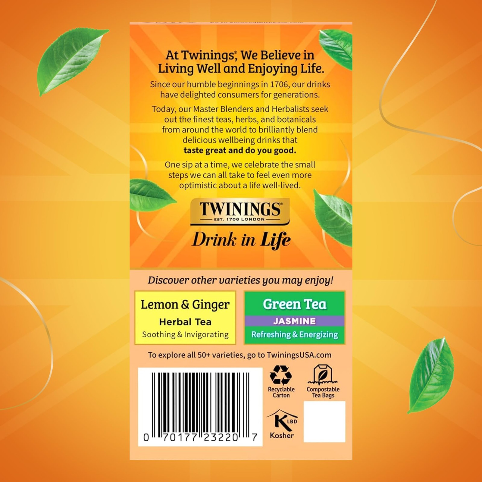 Twinings Peach Orange Herbal Tea Bags 20 Count Caffeine Free Hot or Iced