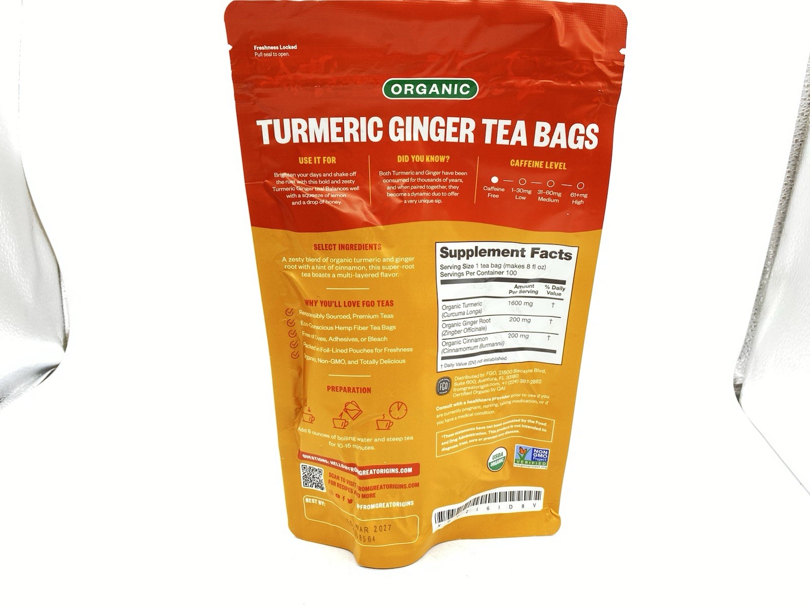 Organic Turmeric Ginger Tea – Eco-Conscious Tea Bags – 100 Count BB:03/27