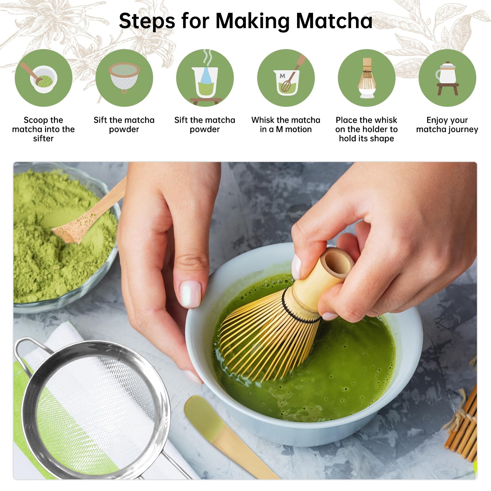5 Pcs Matcha Whisk Set Green Bowl Chawan Spoon Sifter Kit Ceremony Tea Gift