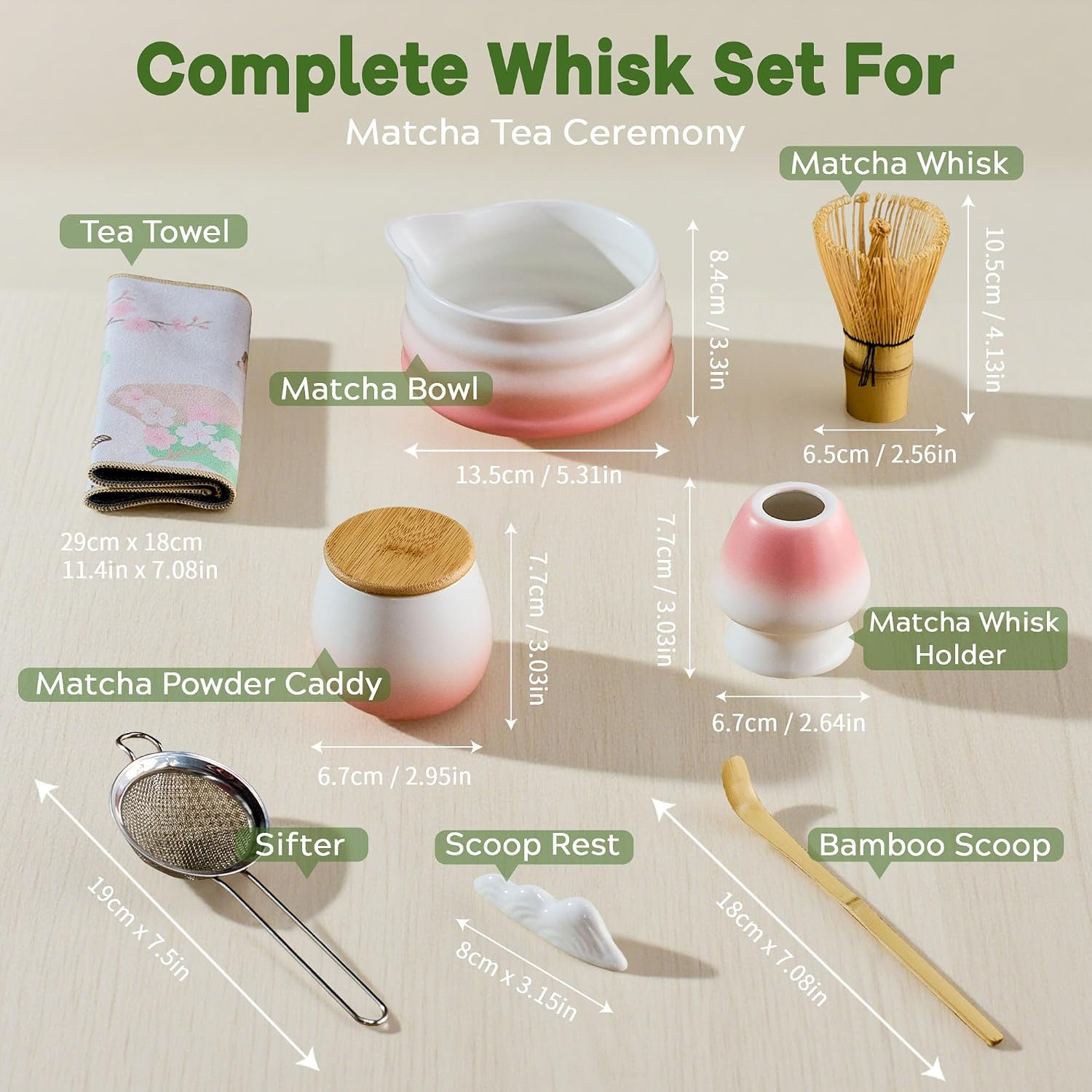 Matcha Whisk Set with Tea Caddy, Pink 8 Pcs Matcha Kit Includes Bowl