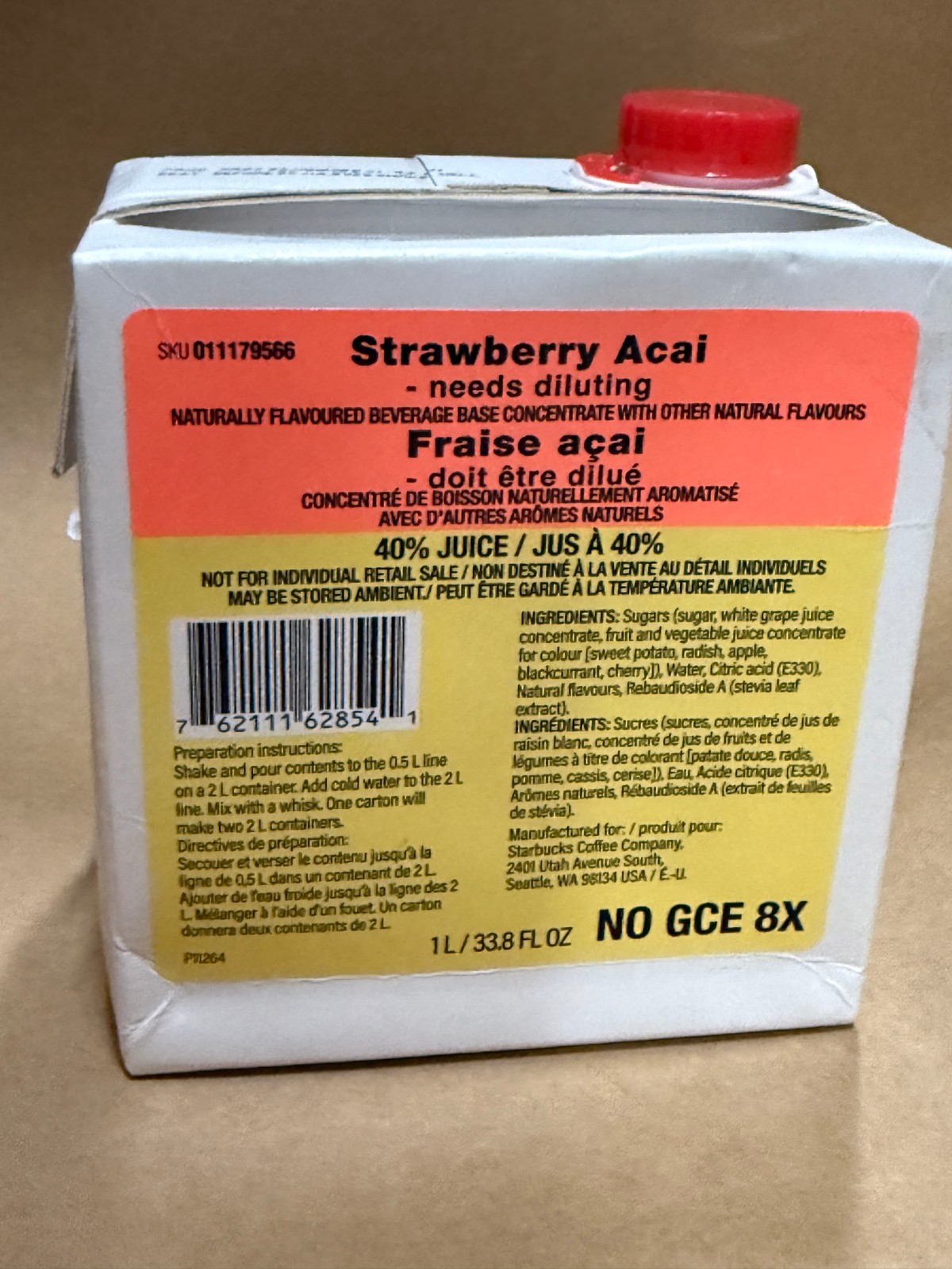 Starbucks Strawberry Acai Base Concentrate 1L Box BB 7/25/26