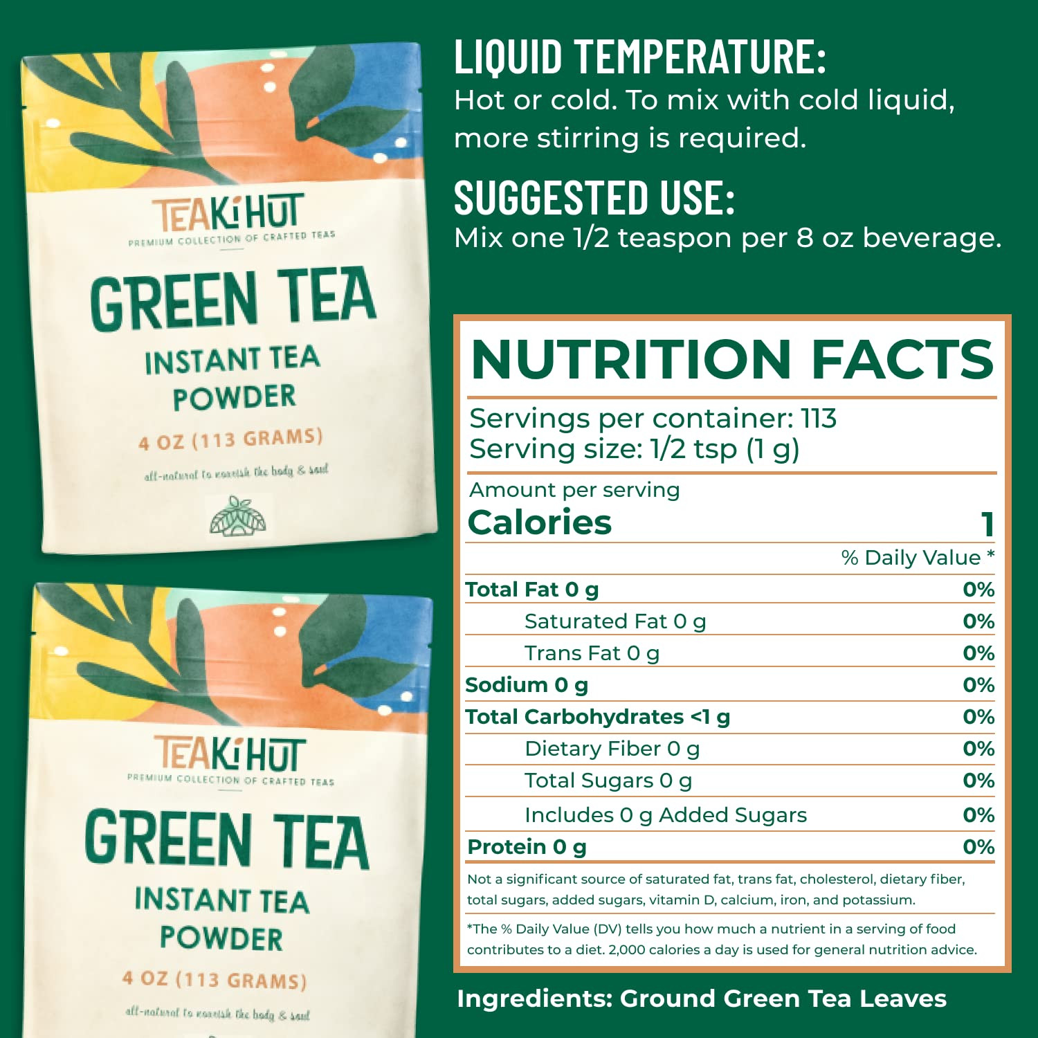 Instant Green Tea Powder, Refreshing Unsweetened Drink Mix, Premium Green Tea In